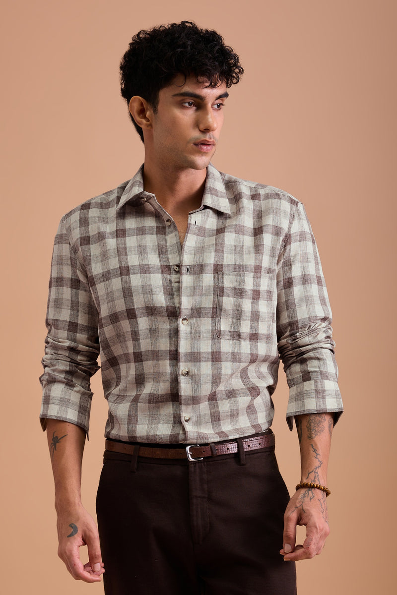 TERRANO - MENS PREMIUM COTTON BLEND BROWN CHEVRON DOBBY CHECKED REGULAR FIT SHIRT