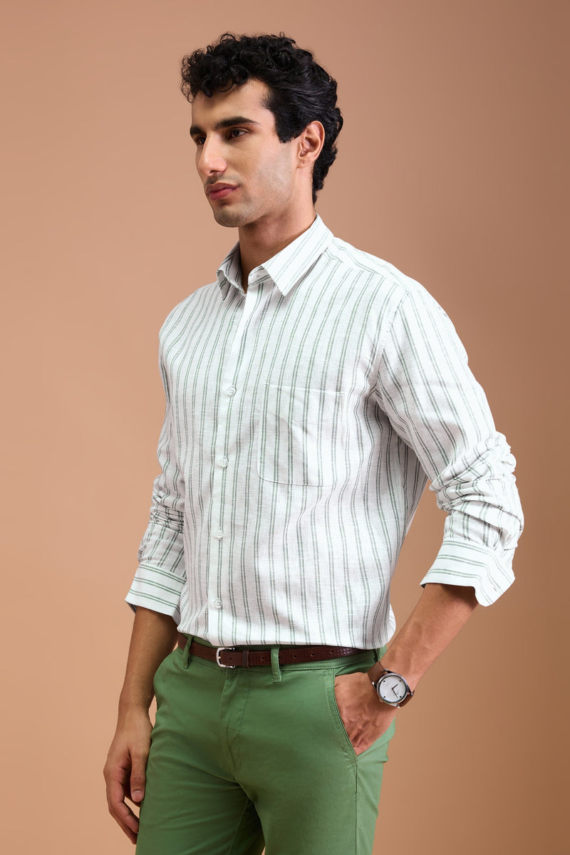 MARAISE - MENS PREMIUM COTTON LINEN BLEND GREEN STRIPED REGULAR FIT SHIRT