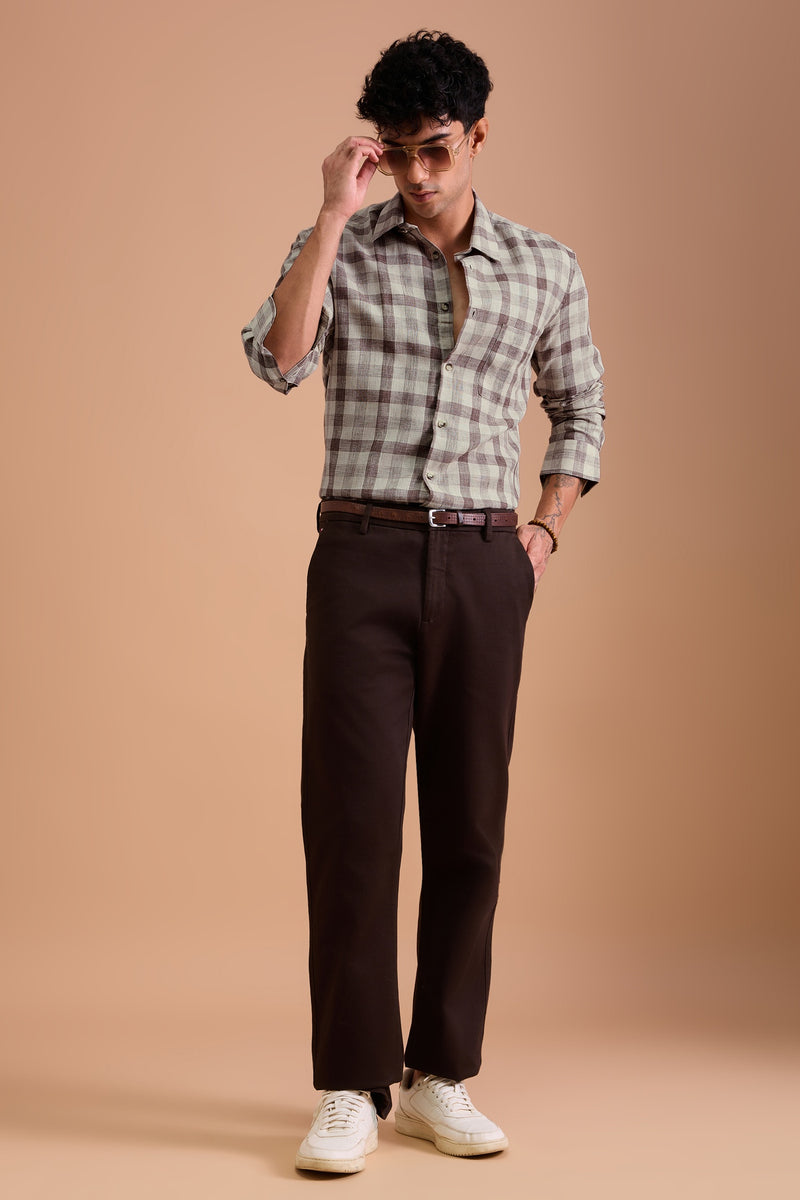 TERRANO - MENS PREMIUM COTTON BLEND BROWN CHEVRON DOBBY CHECKED REGULAR FIT SHIRT