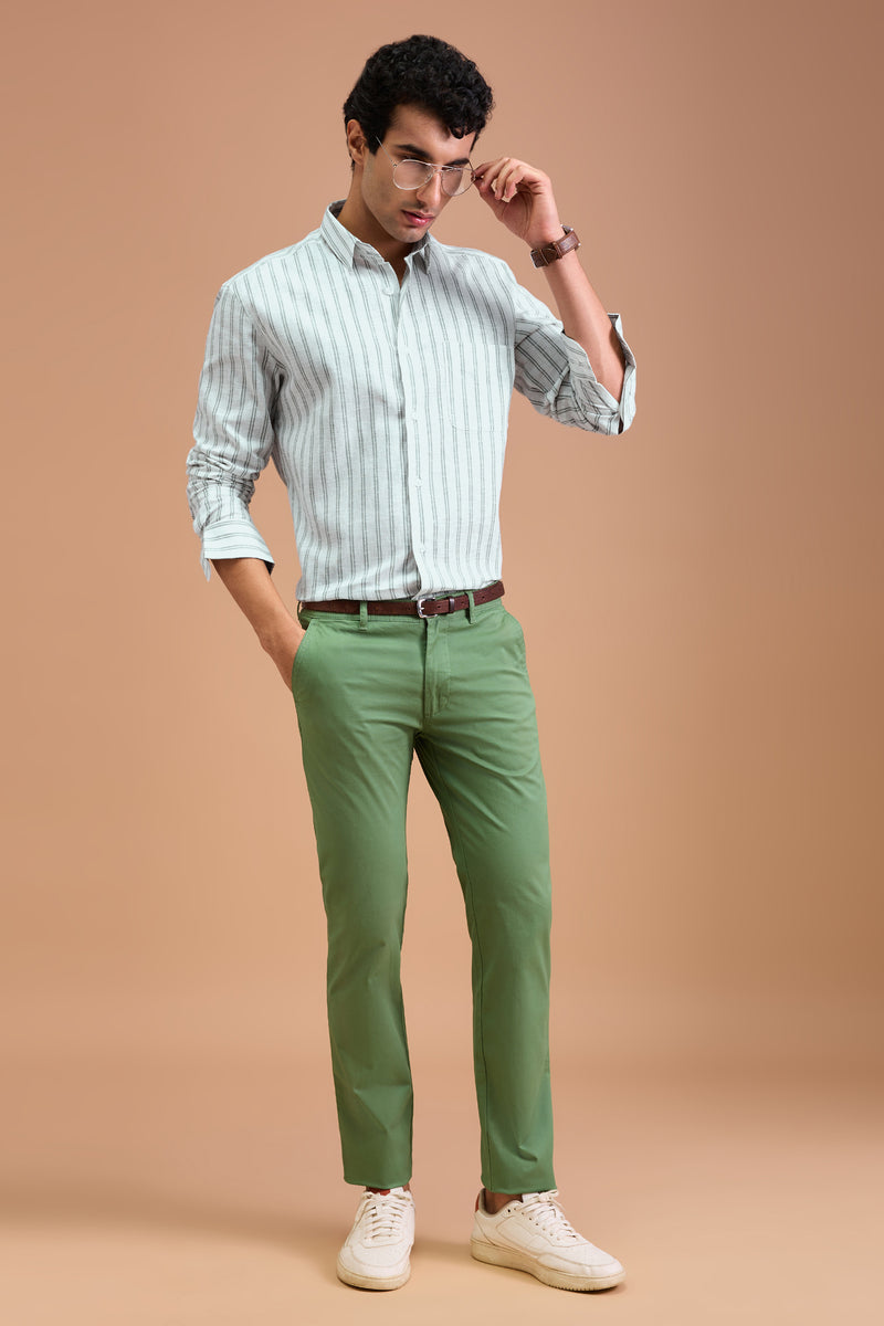 MARAISE - MENS PREMIUM COTTON LINEN BLEND GREEN STRIPED REGULAR FIT SHIRT