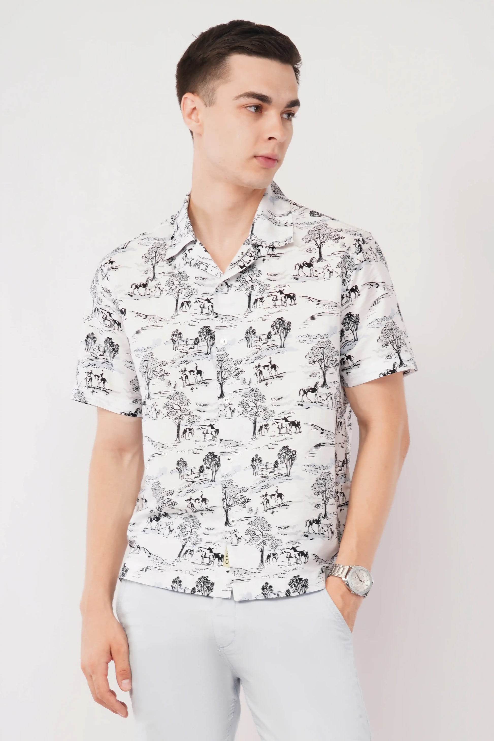 Olevorr Kairo white relaxed fit Cuban collar printed shirt — front view