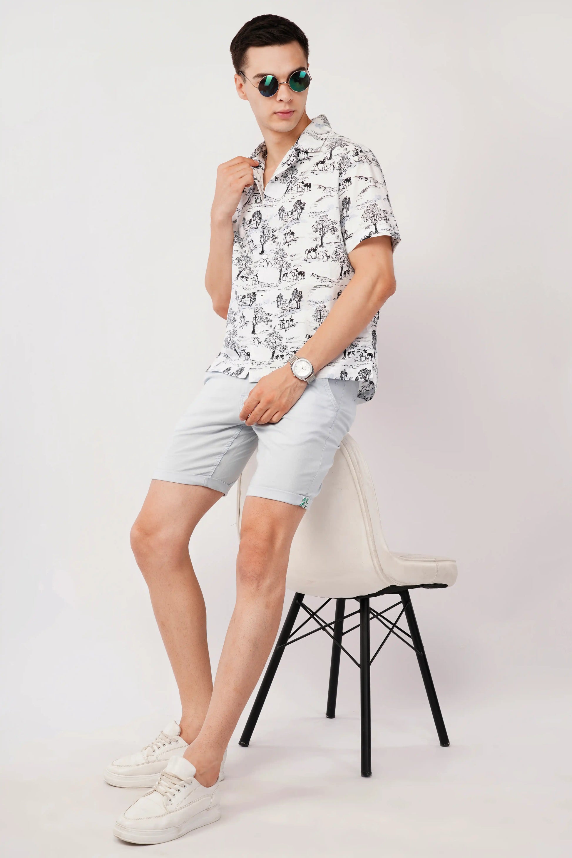 Olevorr Kairo premium white relaxed fit Cuban collar printed shirt — left view