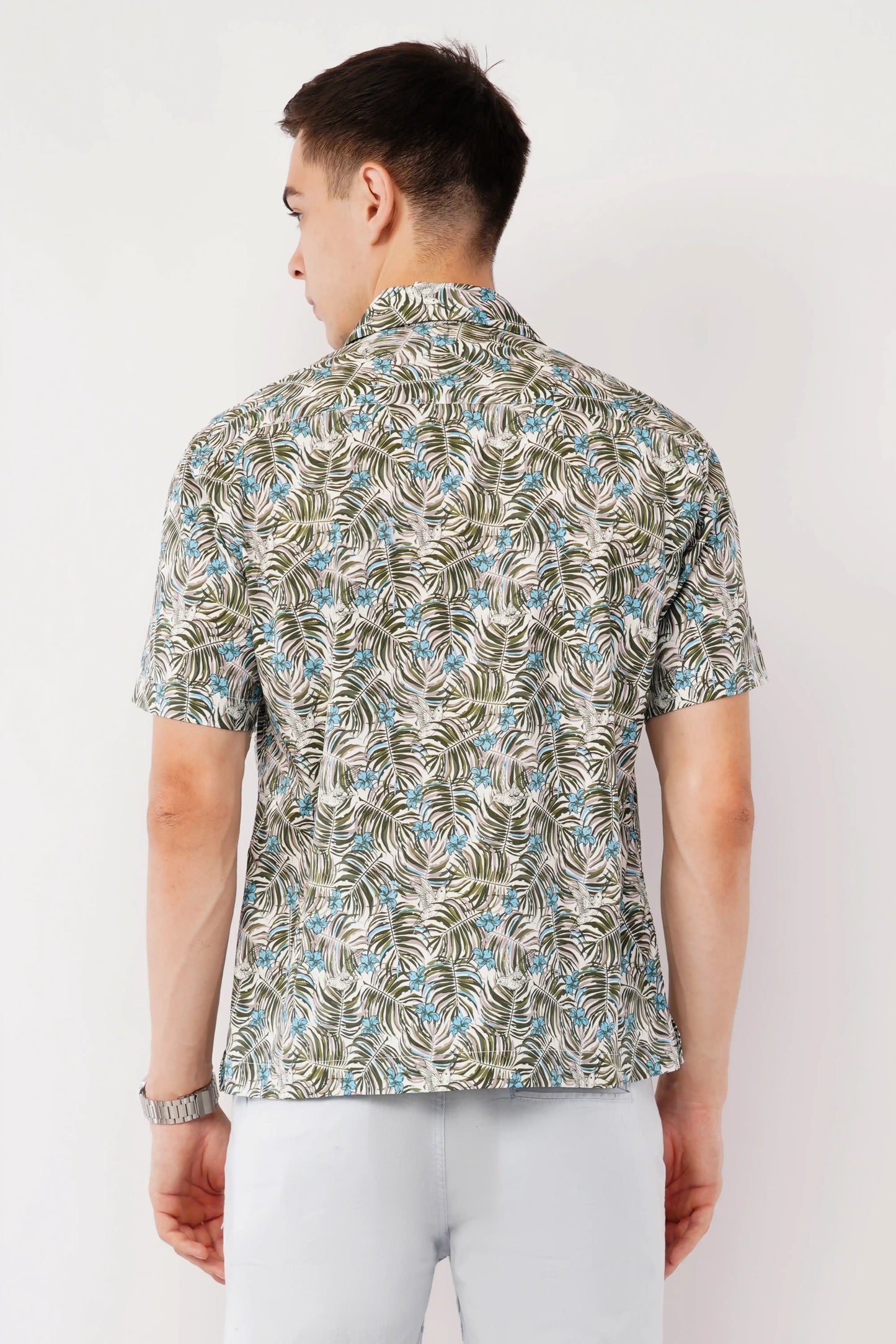 Green Cuban collar relaxed fit printed shirt for men — Olevorr Orven back view