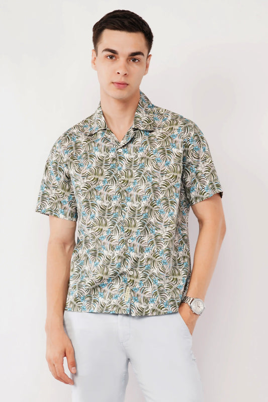Olevorr Orven green relaxed fit Cuban collar printed shirt — front view