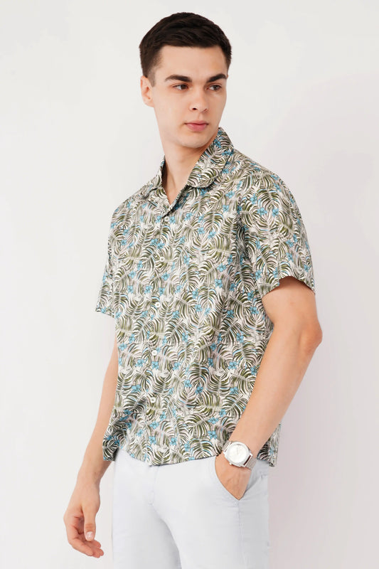 Olevorr Orven premium green relaxed fit Cuban collar printed shirt — left view