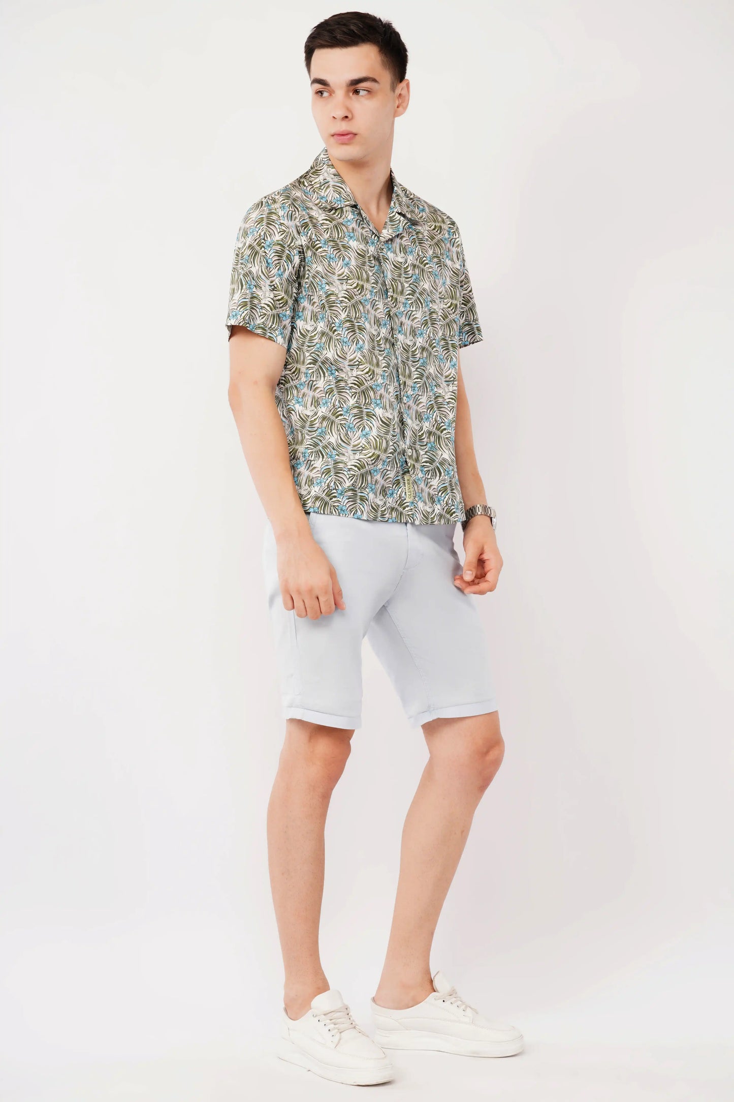 Orven men’s Cuban collar green printed relaxed fit shirt — right side