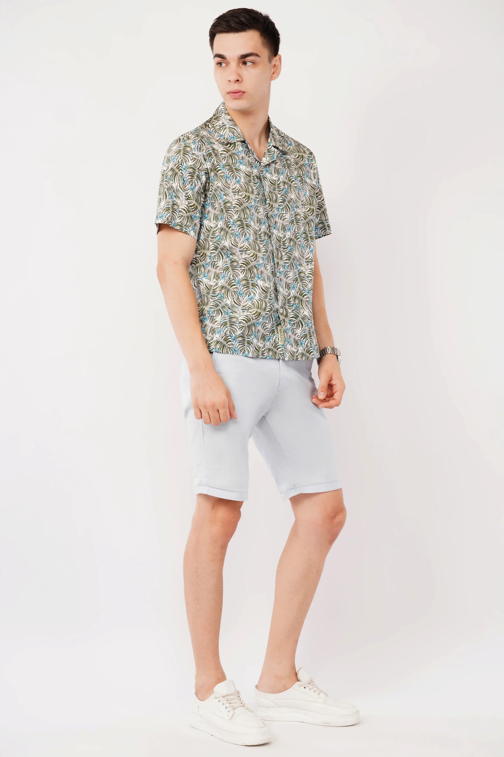 Orven men’s Cuban collar green printed relaxed fit shirt — right side