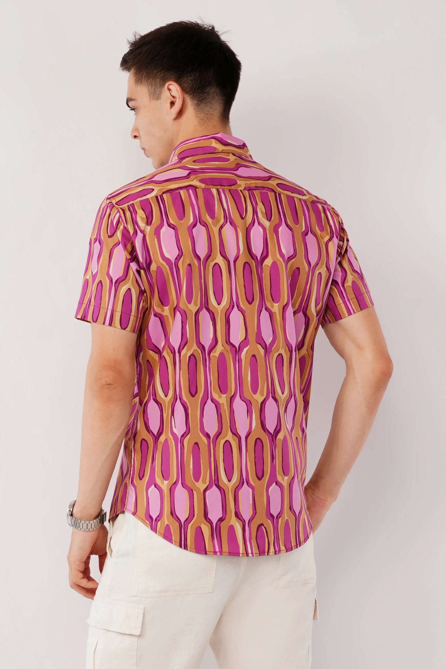 Purple abstract print slim fit half sleeve shirt for men — Olevorr Nuvio back view