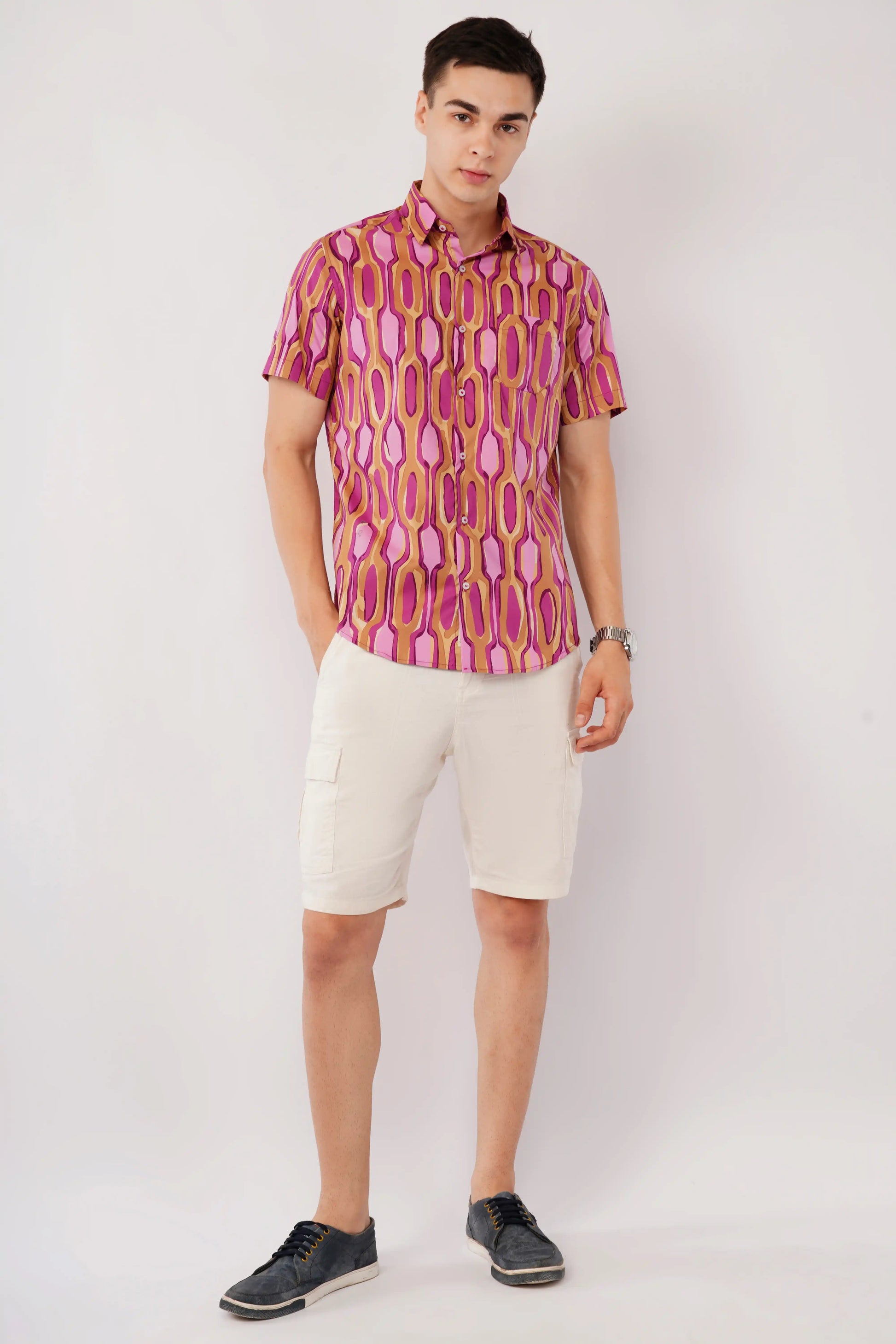 Olevorr Nuvio purple abstract print slim fit half sleeve shirt — front view