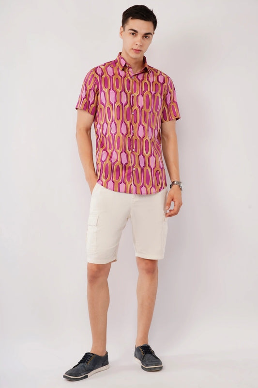 Olevorr Nuvio purple abstract print slim fit half sleeve shirt — front view