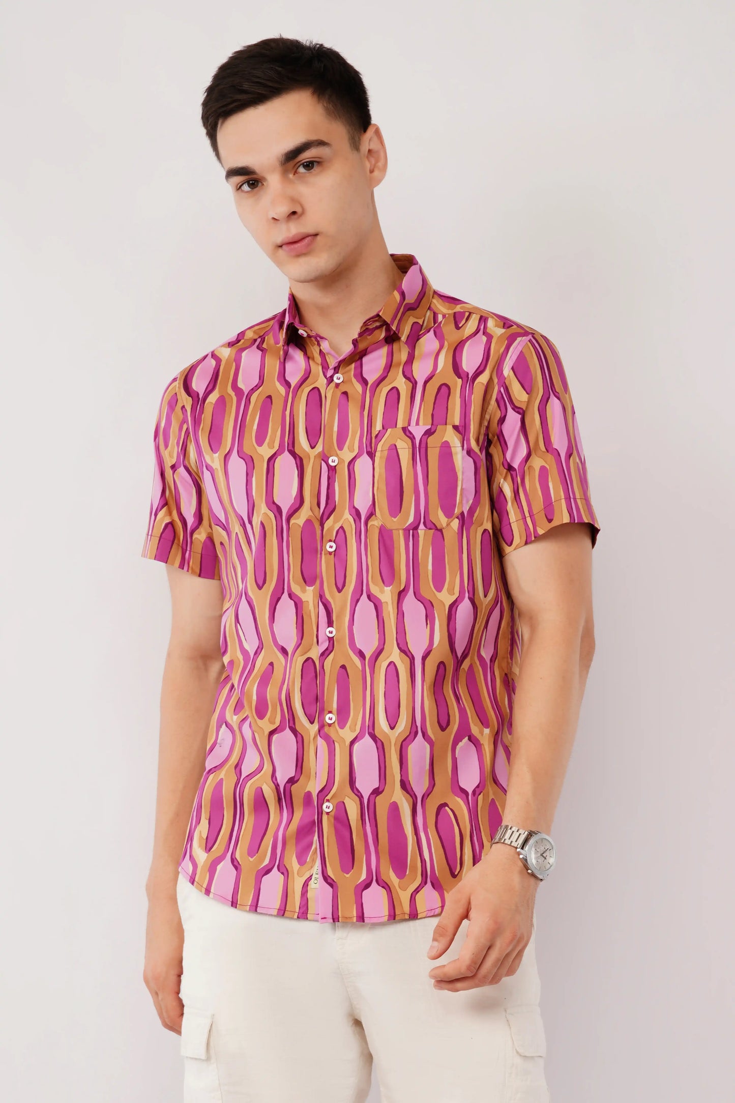 Trendy purple abstract printed slim fit half sleeve shirt — Olevorr Nuvio lifestyle look