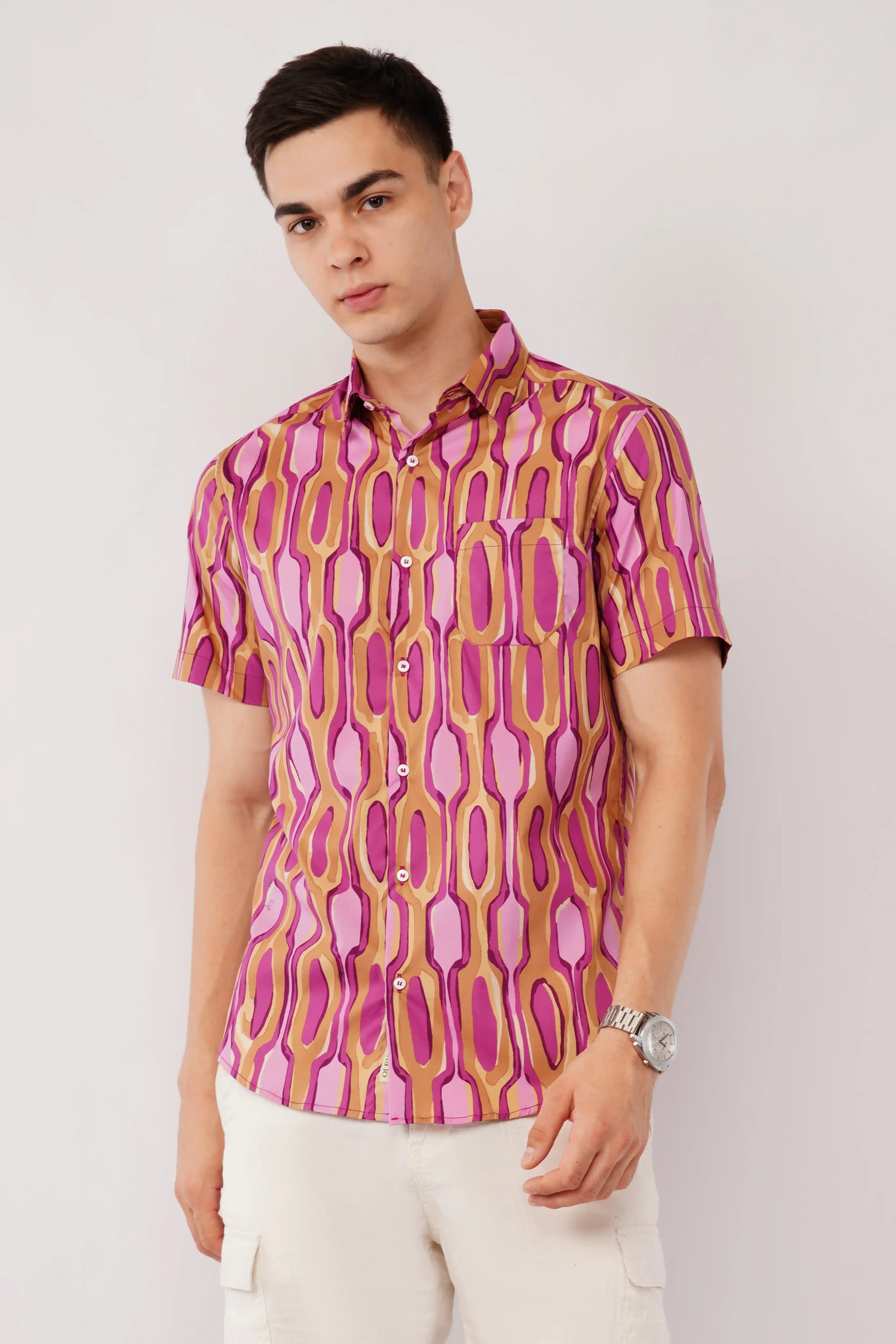 Trendy purple abstract printed slim fit half sleeve shirt — Olevorr Nuvio lifestyle look