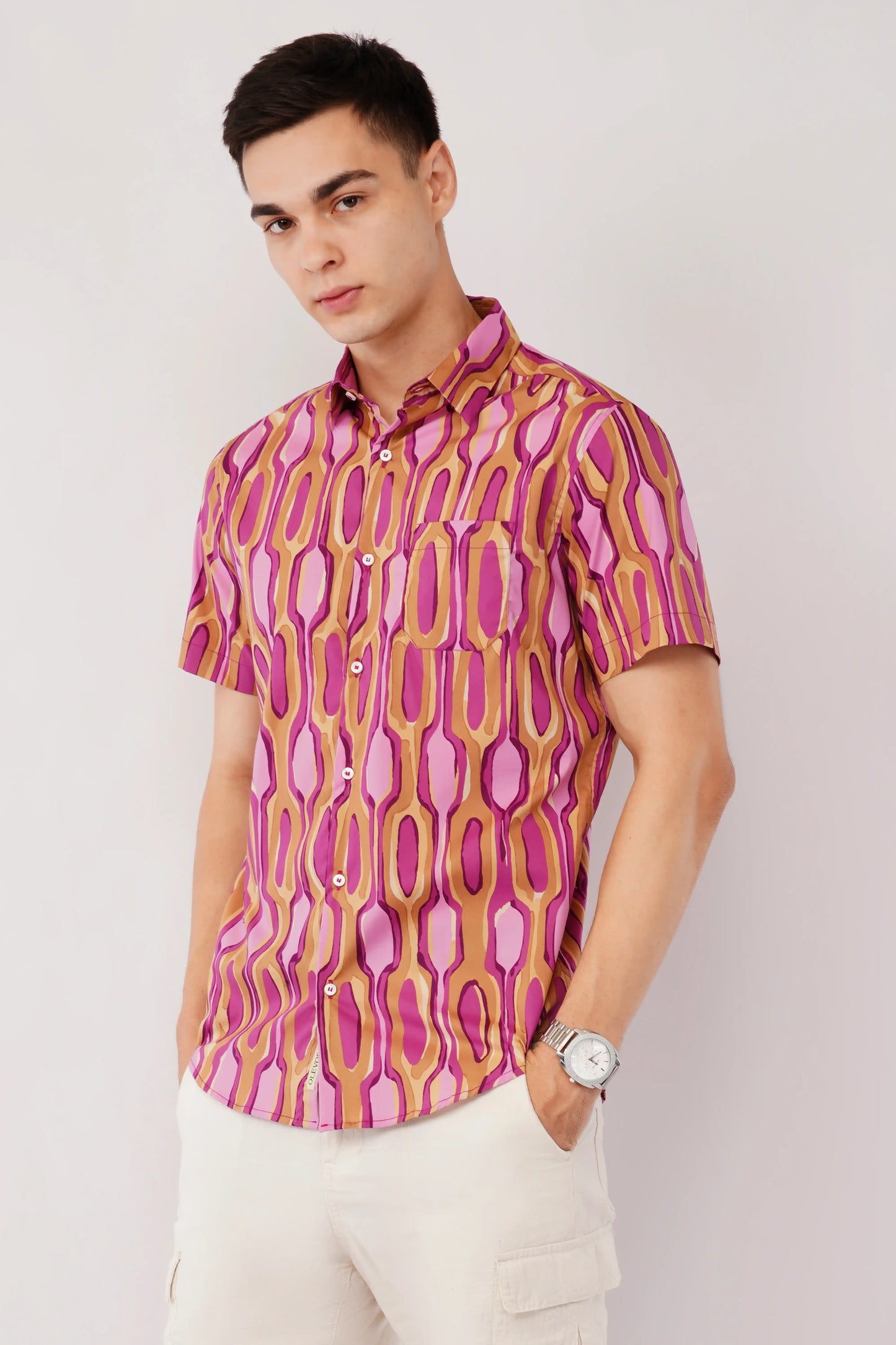 Olevorr Nuvio stylish purple abstract printed slim fit half sleeve shirt — left view