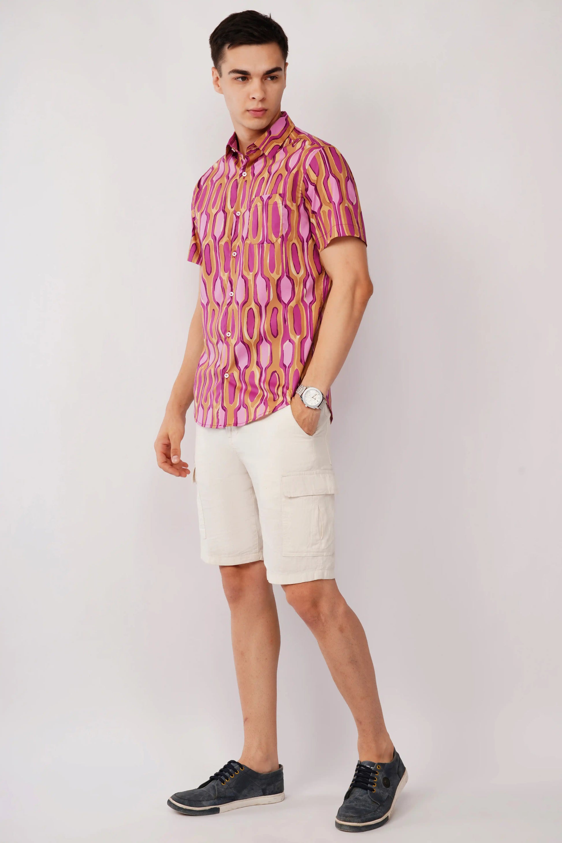 Olevorr Nuvio stylish purple abstract printed slim fit half sleeve shirt — left view