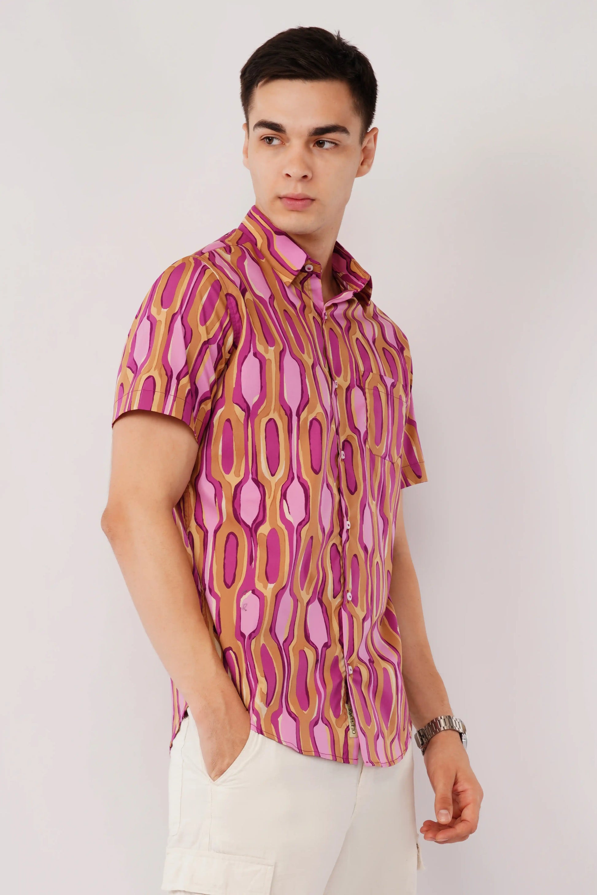 Nuvio men’s slim fit purple half sleeve shirt with abstract print — right side