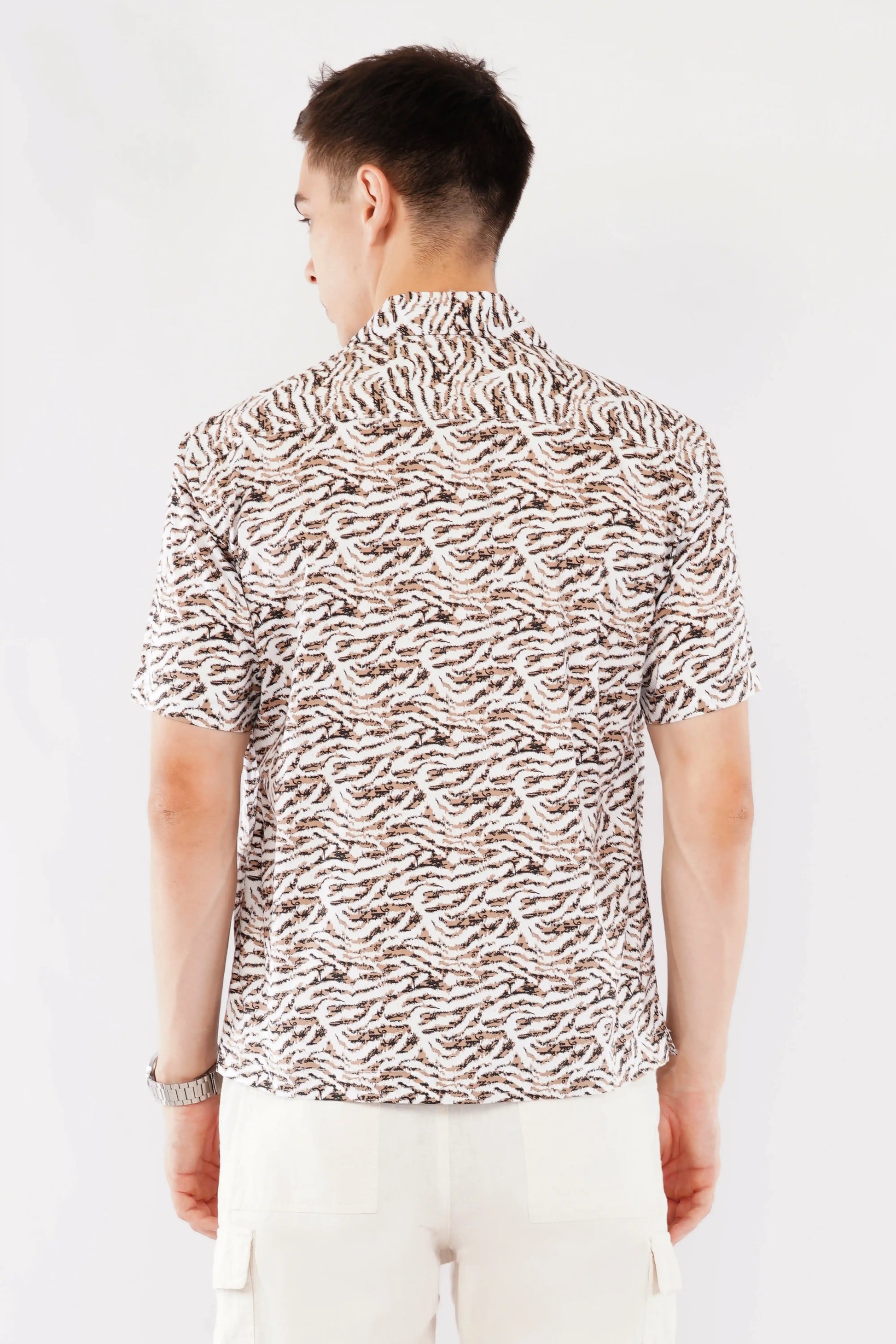 Brown relaxed fit Cuban collar printed shirt for men — Olevorr Sorrel back view