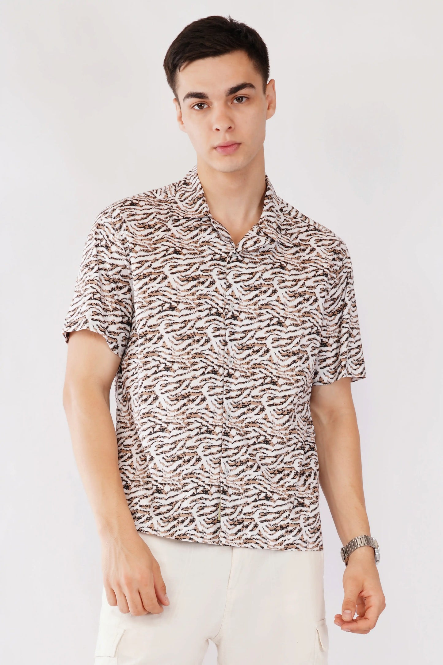 Olevorr Sorrel premium brown Cuban collar relaxed fit printed shirt — styled look