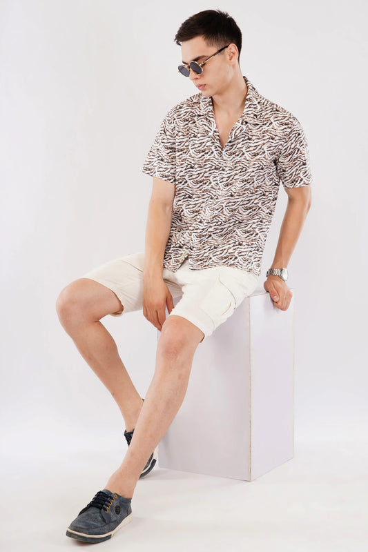 Olevorr Sorrel brown relaxed fit Cuban collar printed shirt — front view