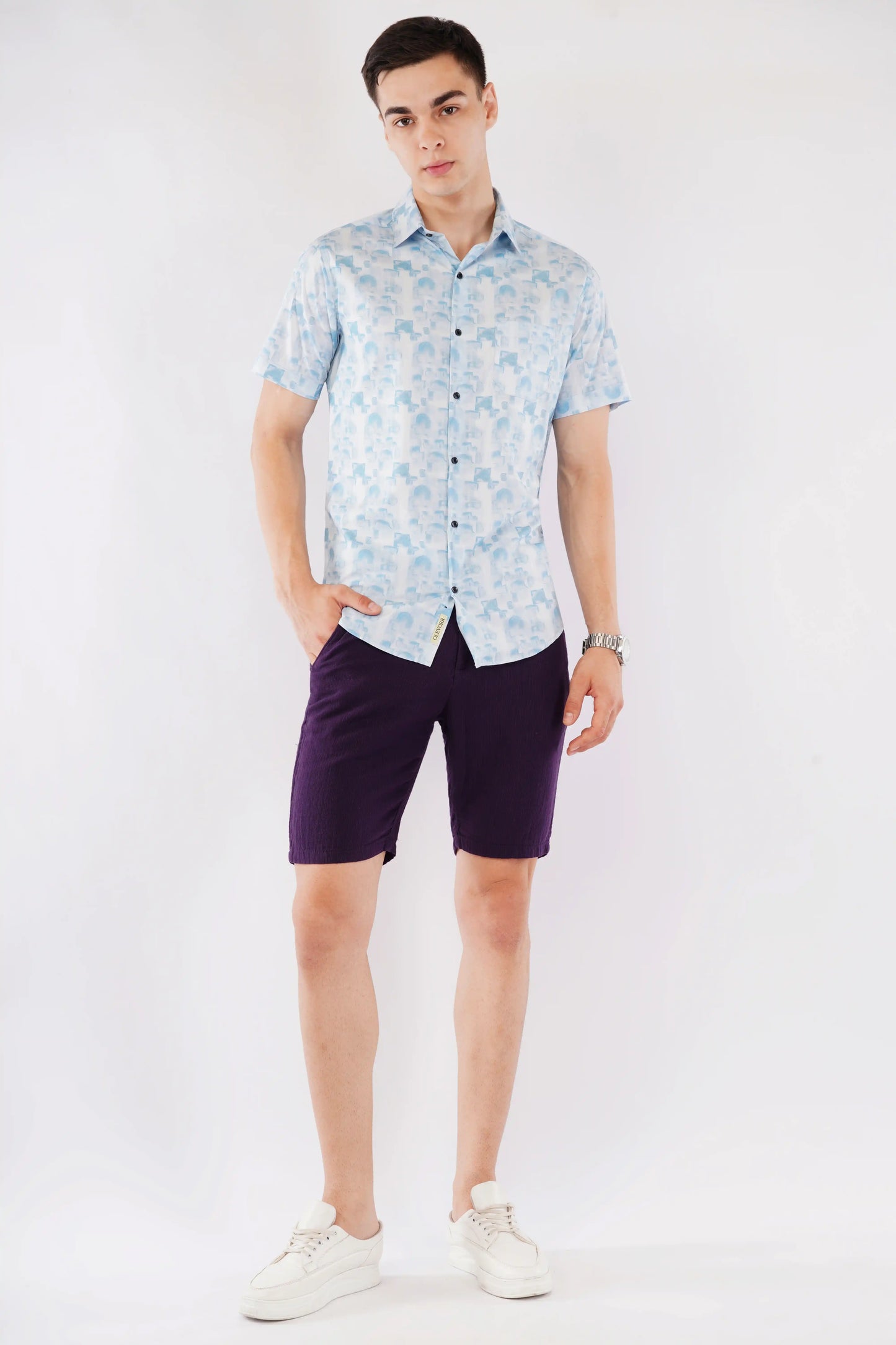 Olevorr Cove premium sky blue slim fit half sleeve printed shirt — styled look