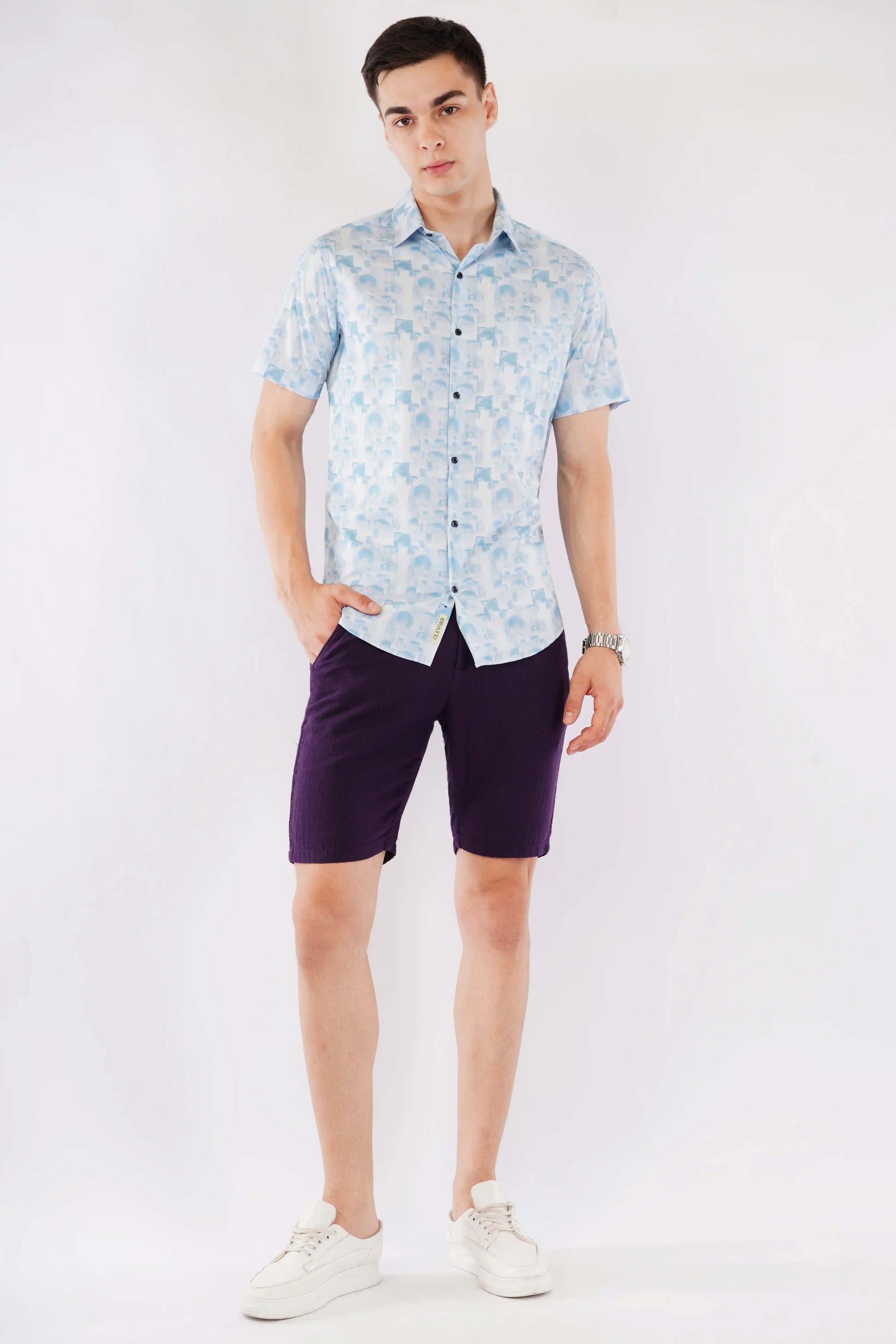 Olevorr Cove premium sky blue slim fit half sleeve printed shirt — styled look
