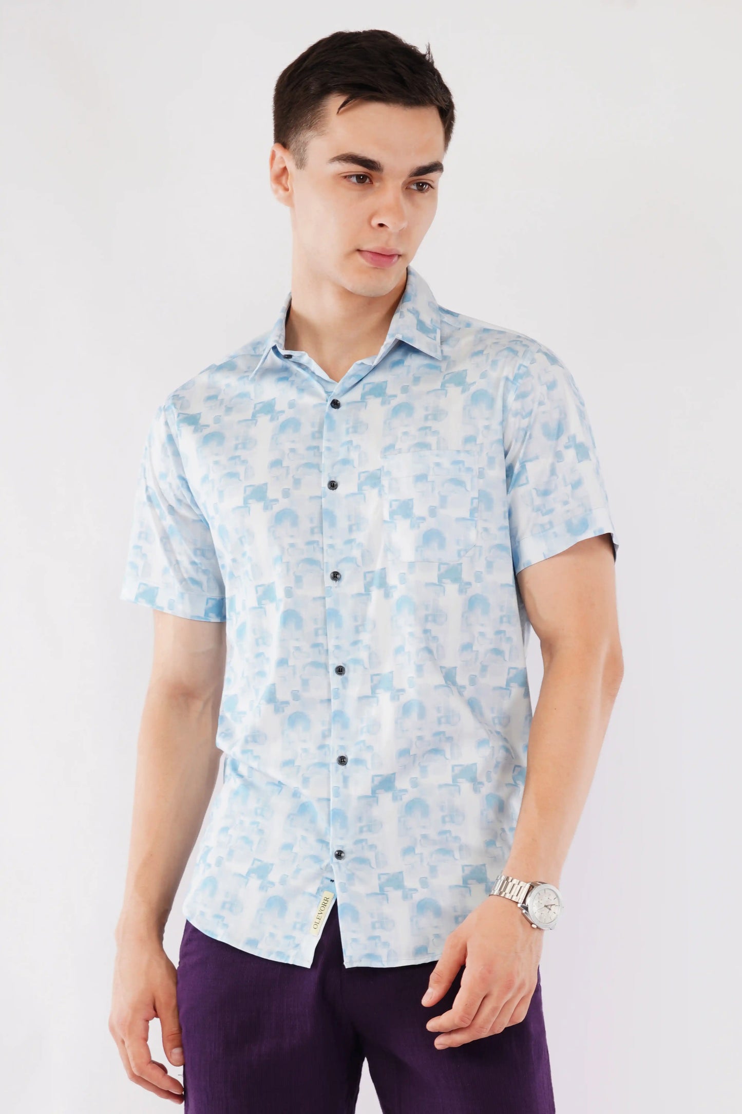 Olevorr Cove sky blue slim fit half sleeve printed shirt — front view