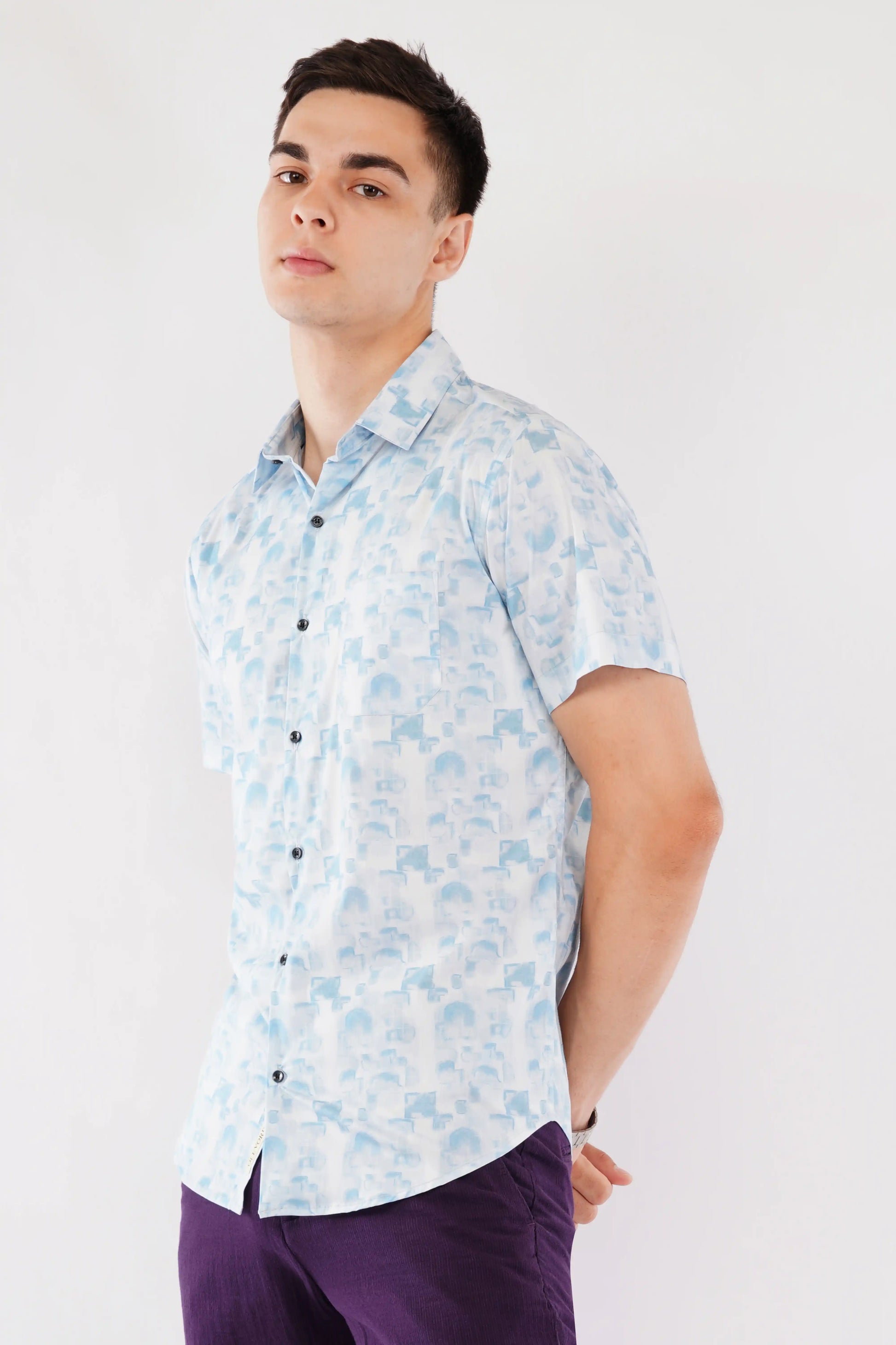 Olevorr Cove stylish sky blue half sleeve slim fit printed shirt — left view