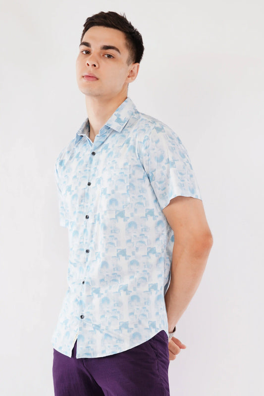 Olevorr Cove stylish sky blue half sleeve slim fit printed shirt — left view
