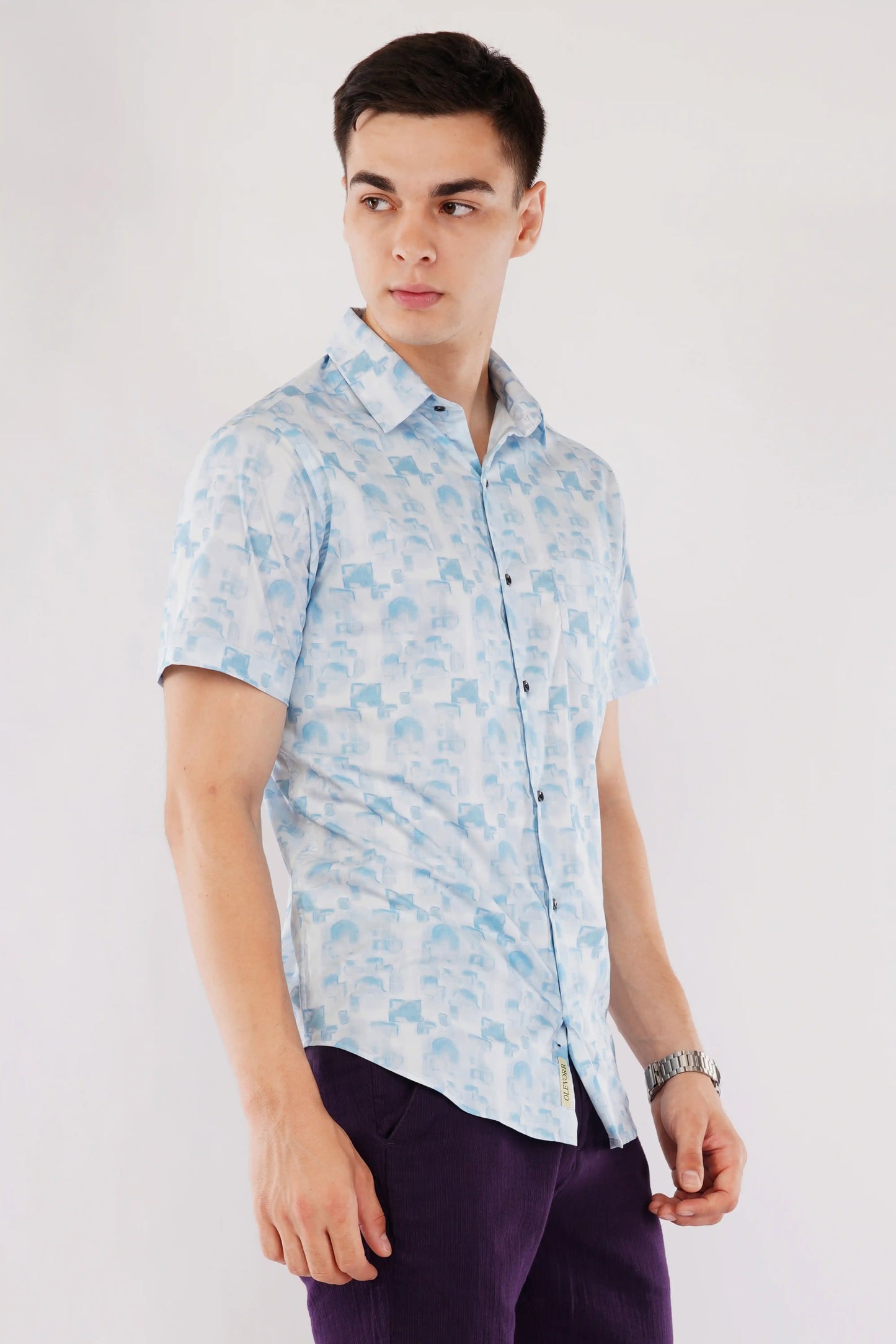 Cove men’s slim fit sky blue printed shirt — half sleeve right side