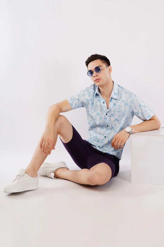 Classic men’s slim fit sky blue printed half sleeve shirt — Olevorr Cove