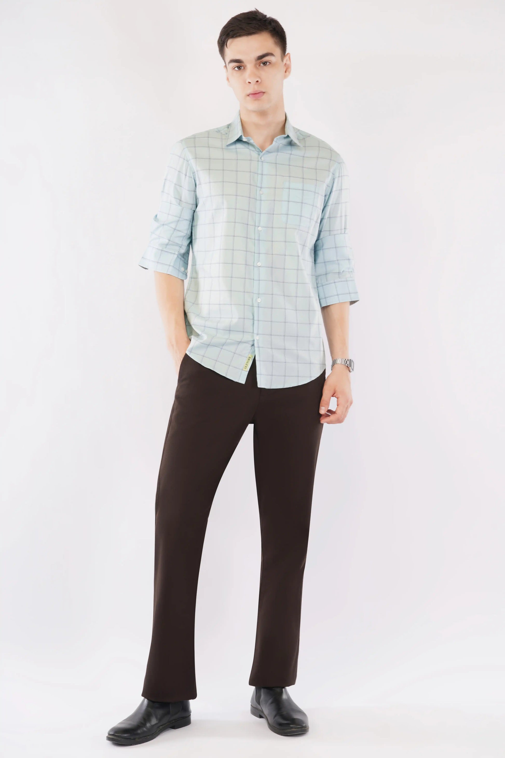 Olevorr Marcus premium green check slim fit full sleeve shirt — styled look