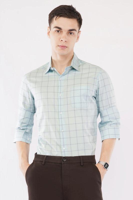 Olevorr Marcus green check slim fit full sleeve shirt — front view