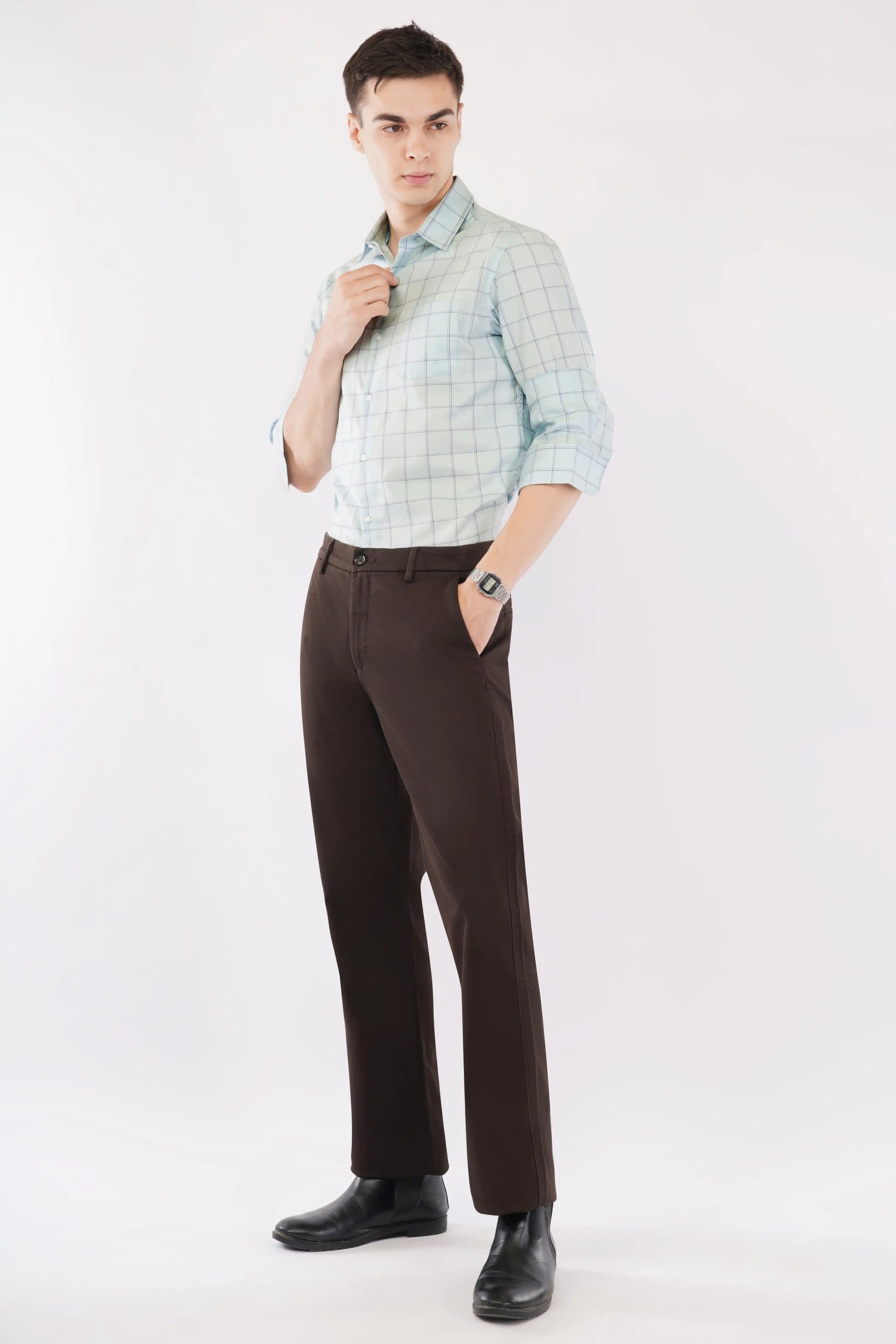 Olevorr Marcus stylish slim fit green check full sleeve shirt — left view