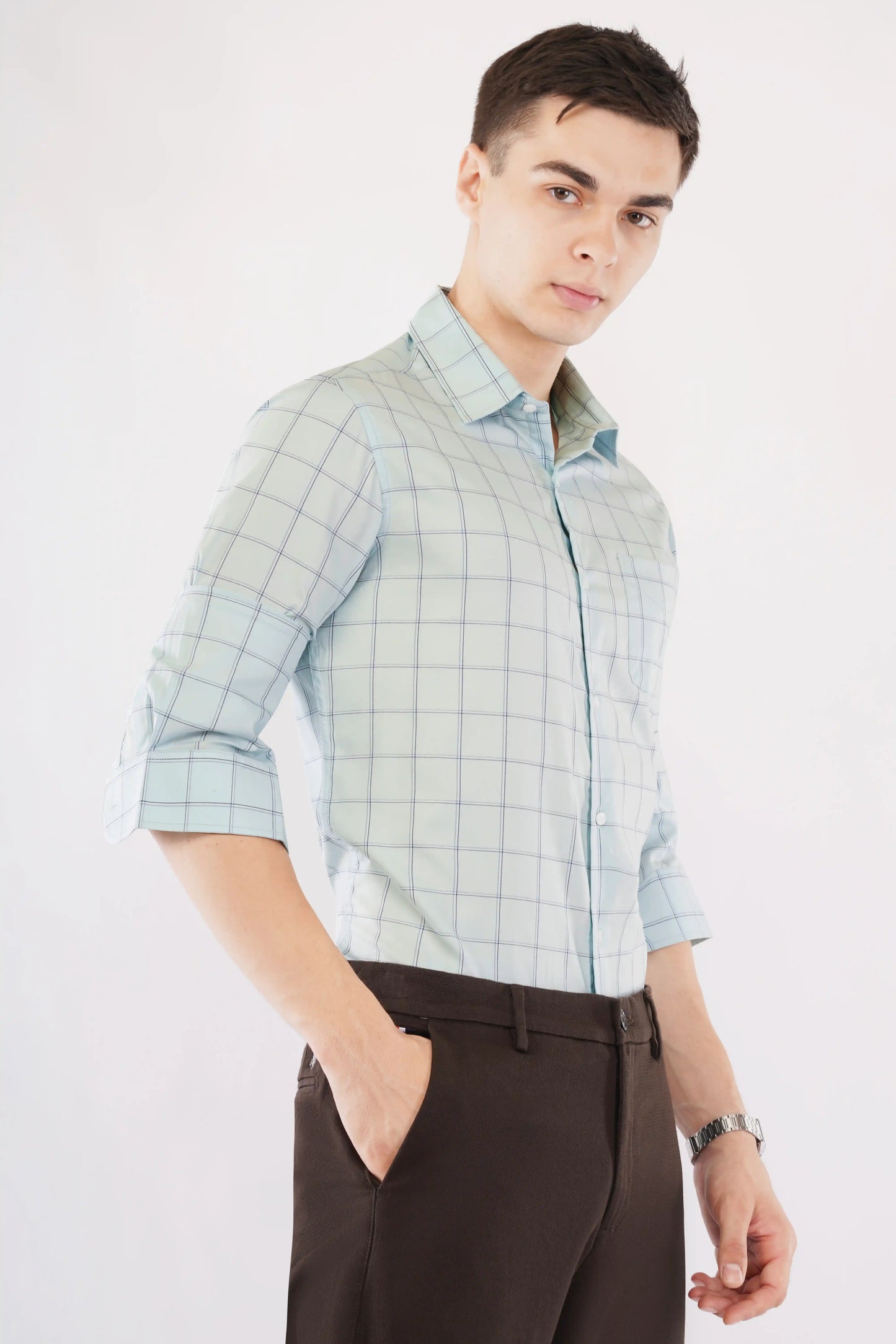 Marcus slim fit men’s green check full sleeve shirt — right side