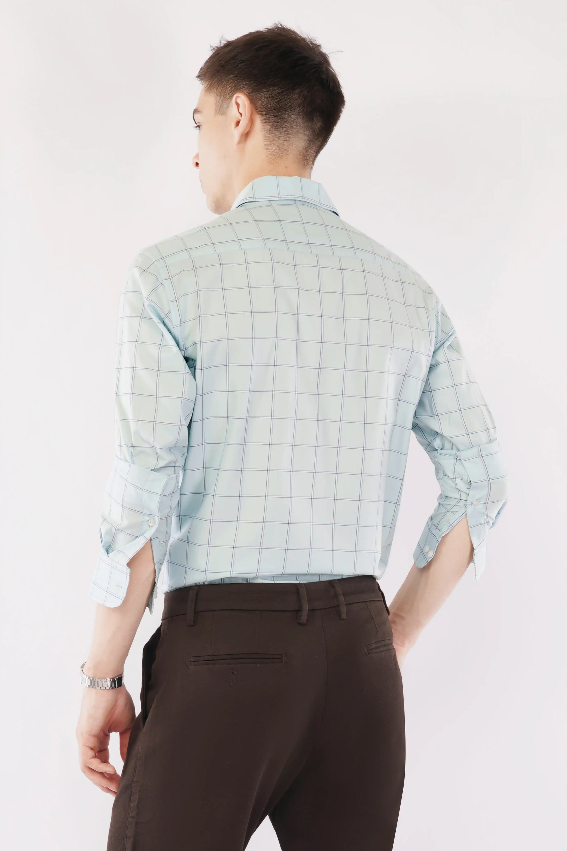 Olevorr Marcus stylish slim fit green check full sleeve shirt — left view