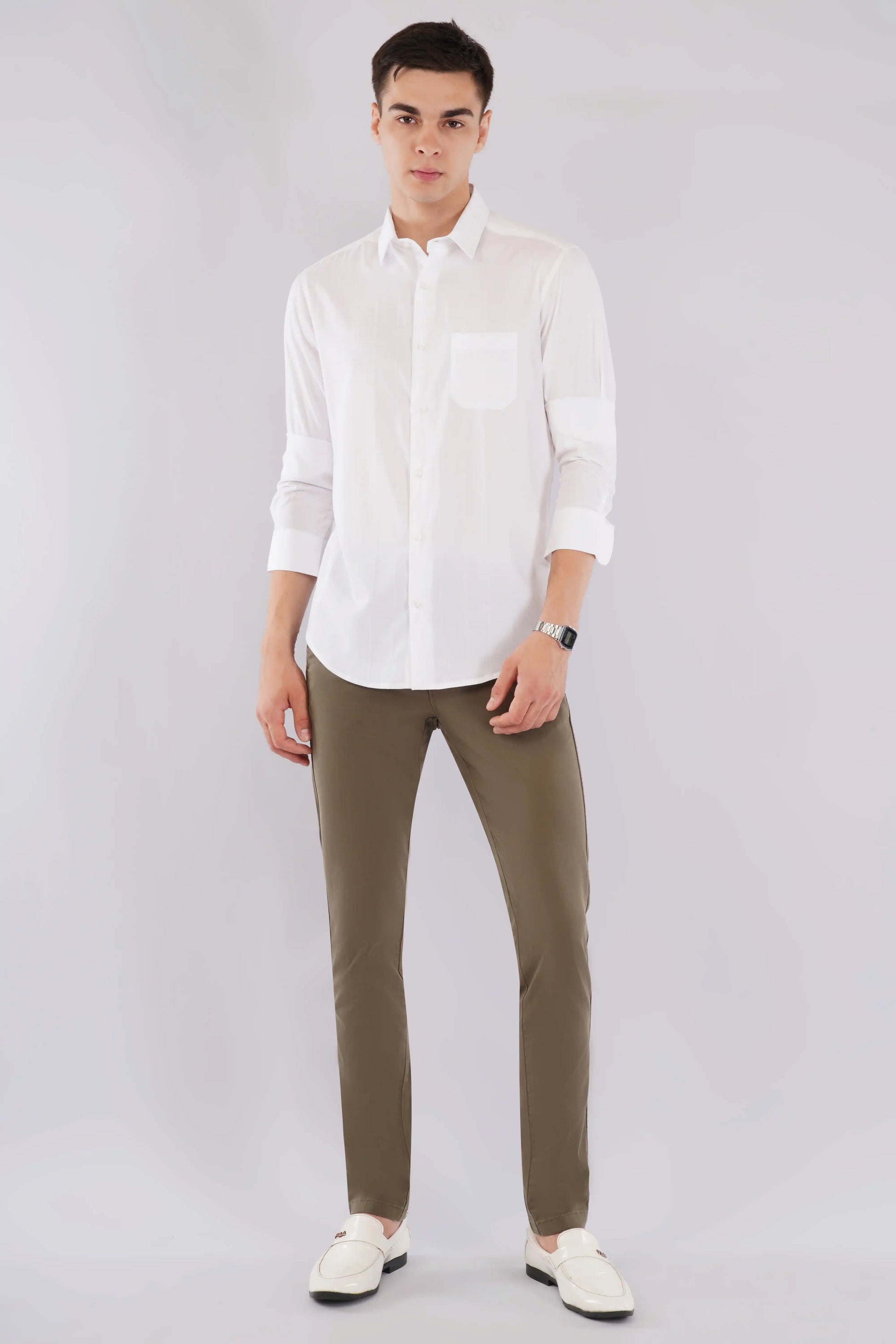 Classic slim fit men’s white striped full sleeve shirt — Olevorr Alden open