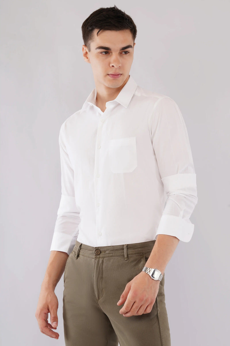 Olevorr Alden stylish slim fit white striped full sleeve shirt — left view
