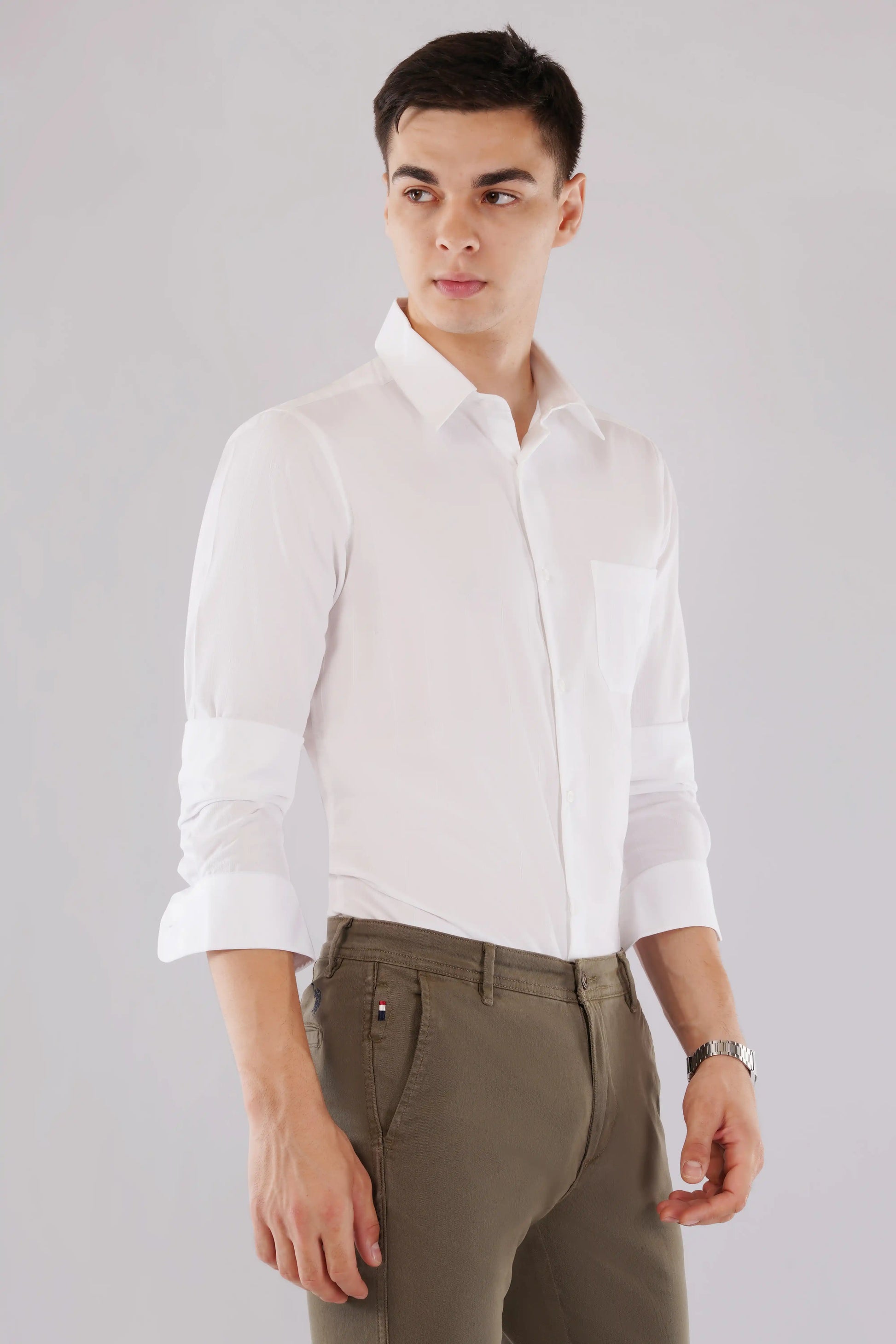 Alden slim fit men’s white striped full sleeve shirt — right side