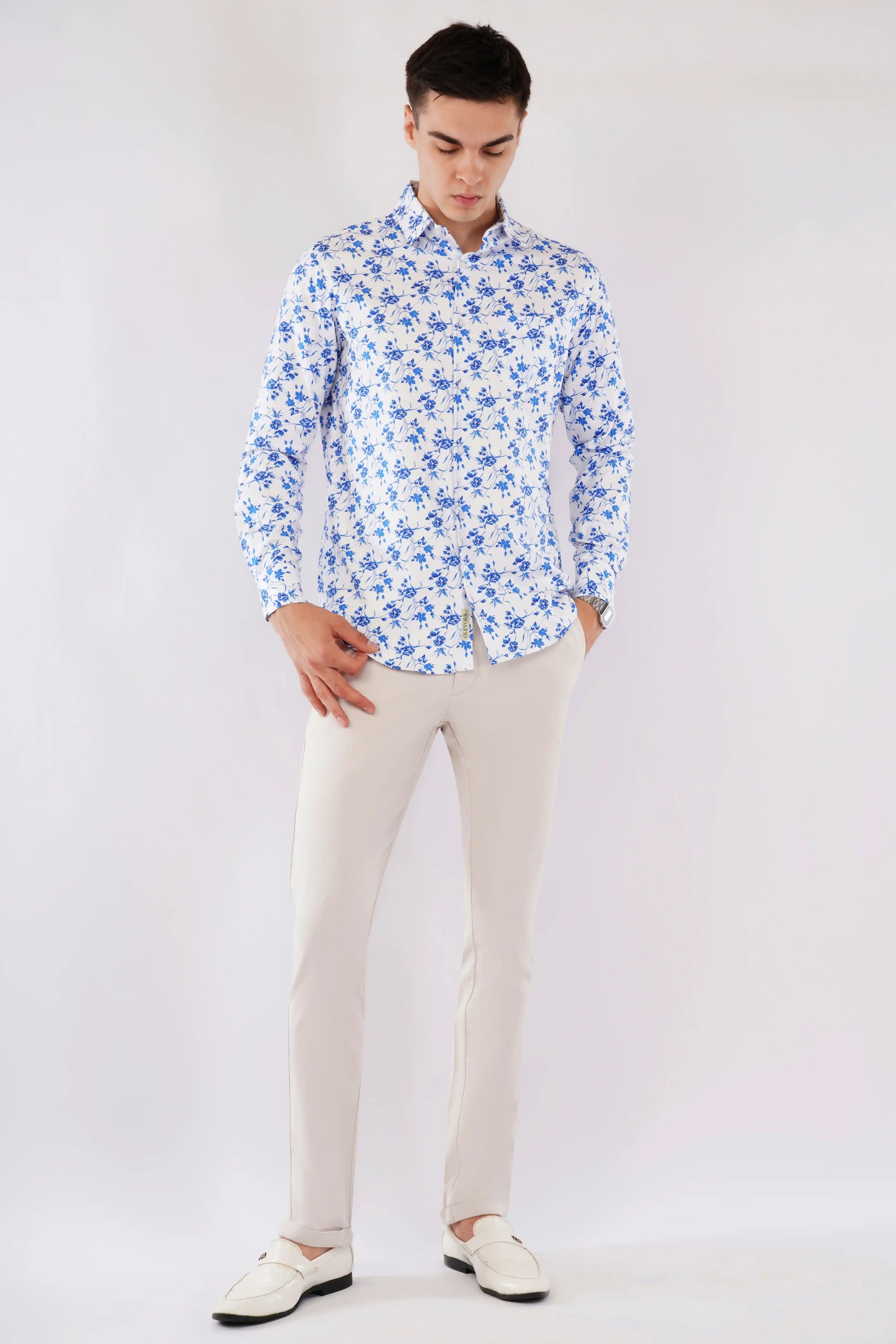 Casual slim fit men’s full sleeve blue floral printed shirt — Olevorr Aelio open