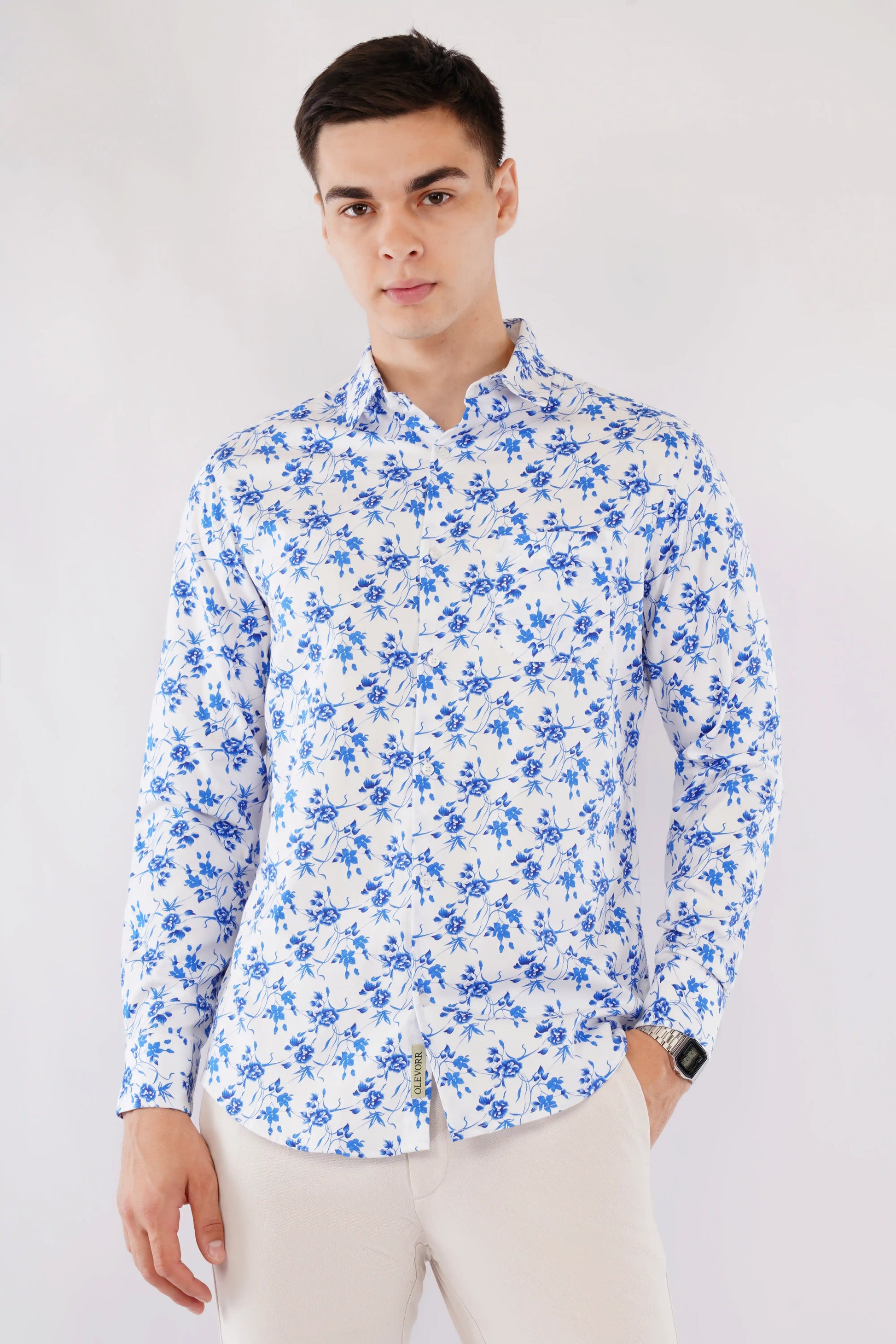 Olevorr Aelio blue floral slim fit printed full sleeve shirt — front view