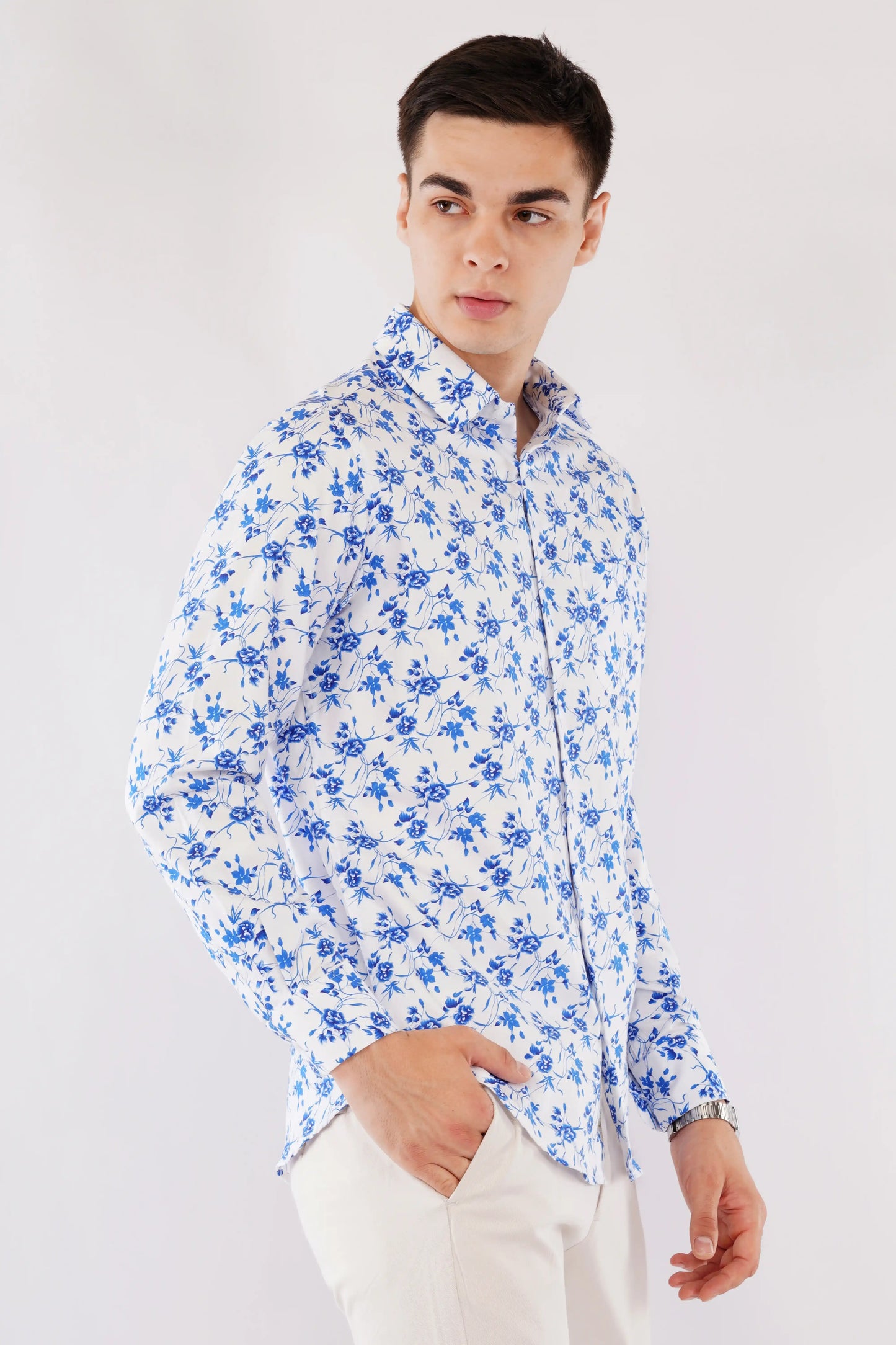 Aelio slim fit men’s blue floral printed shirt — right side