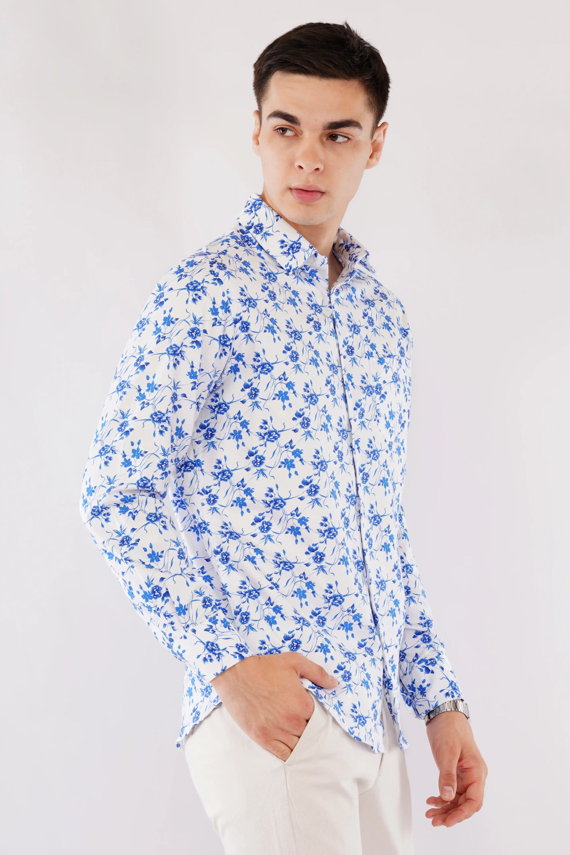 Aelio slim fit men’s blue floral printed shirt — right side