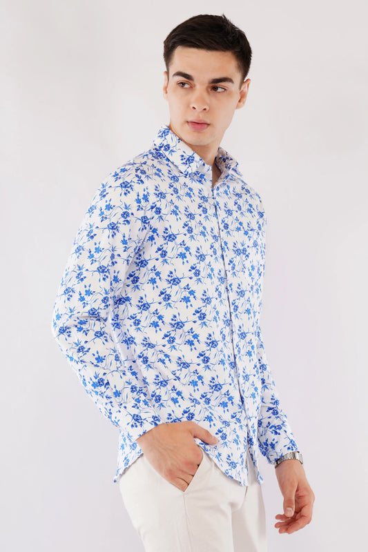 Aelio slim fit men’s blue floral printed shirt — right side