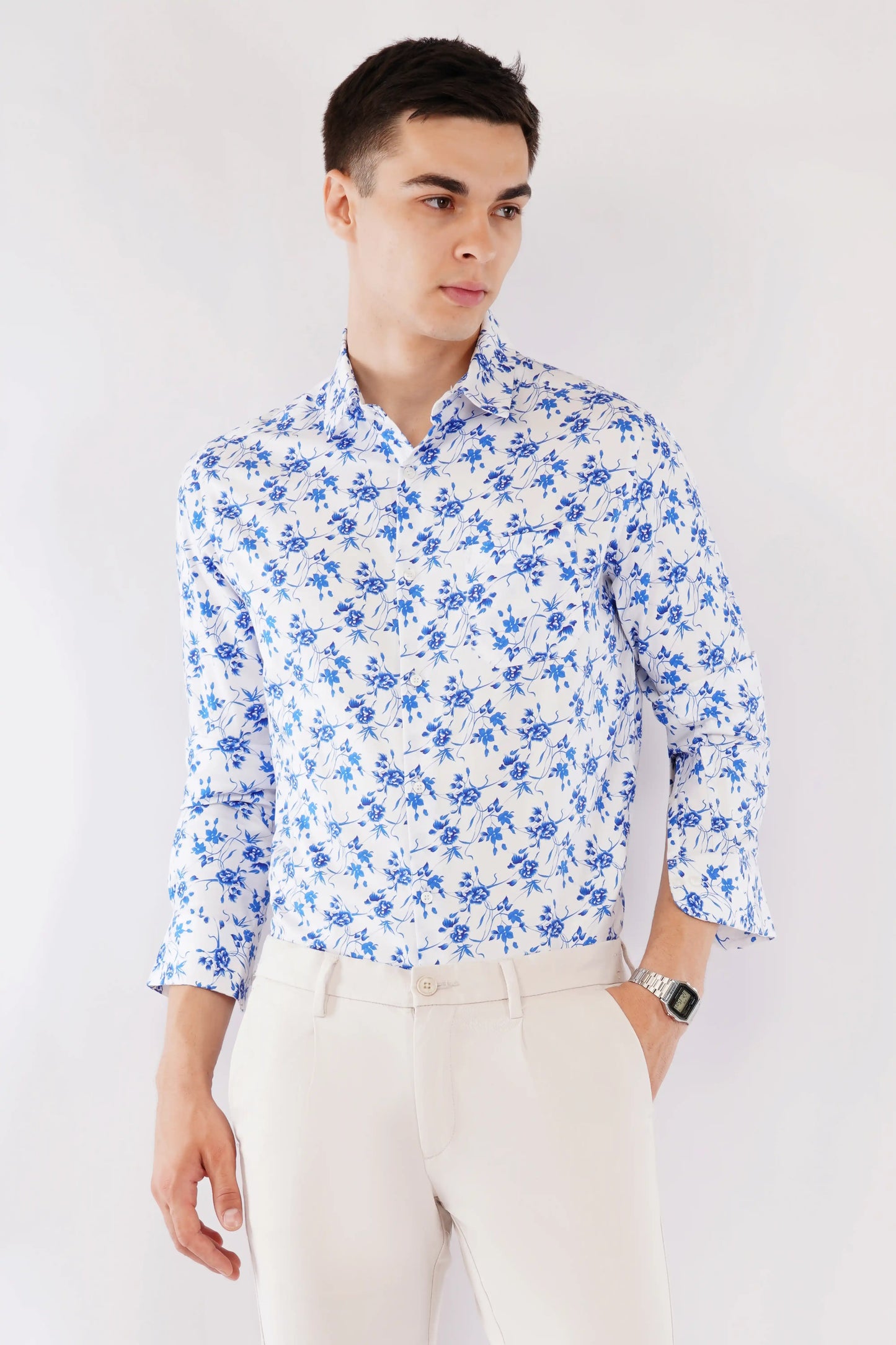 Casual slim fit men’s full sleeve blue floral printed shirt — Olevorr Aelio