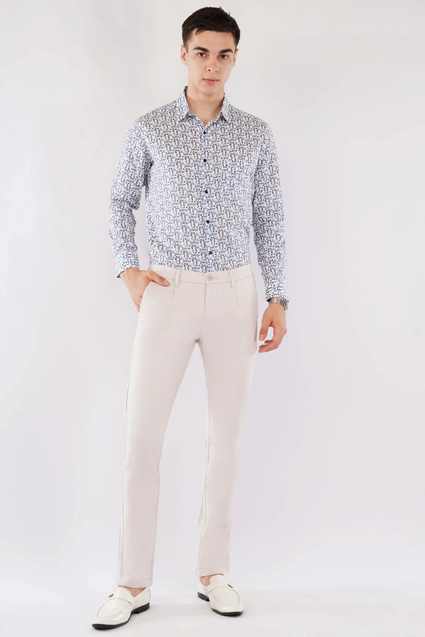 Olevorr Raffo premium blue printed slim fit full sleeve shirt — styled look