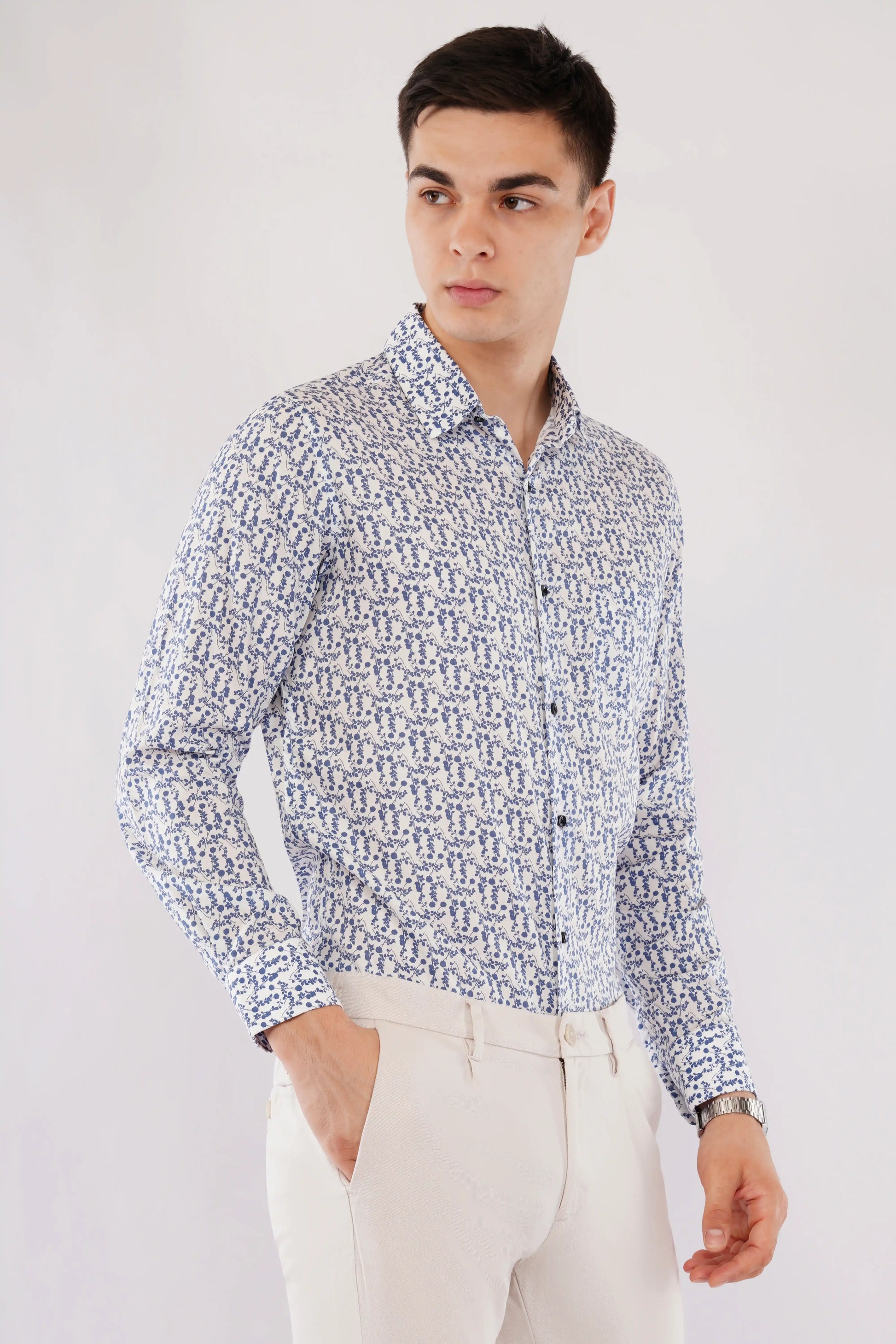 Raffo slim fit men’s blue poplin printed shirt — right side