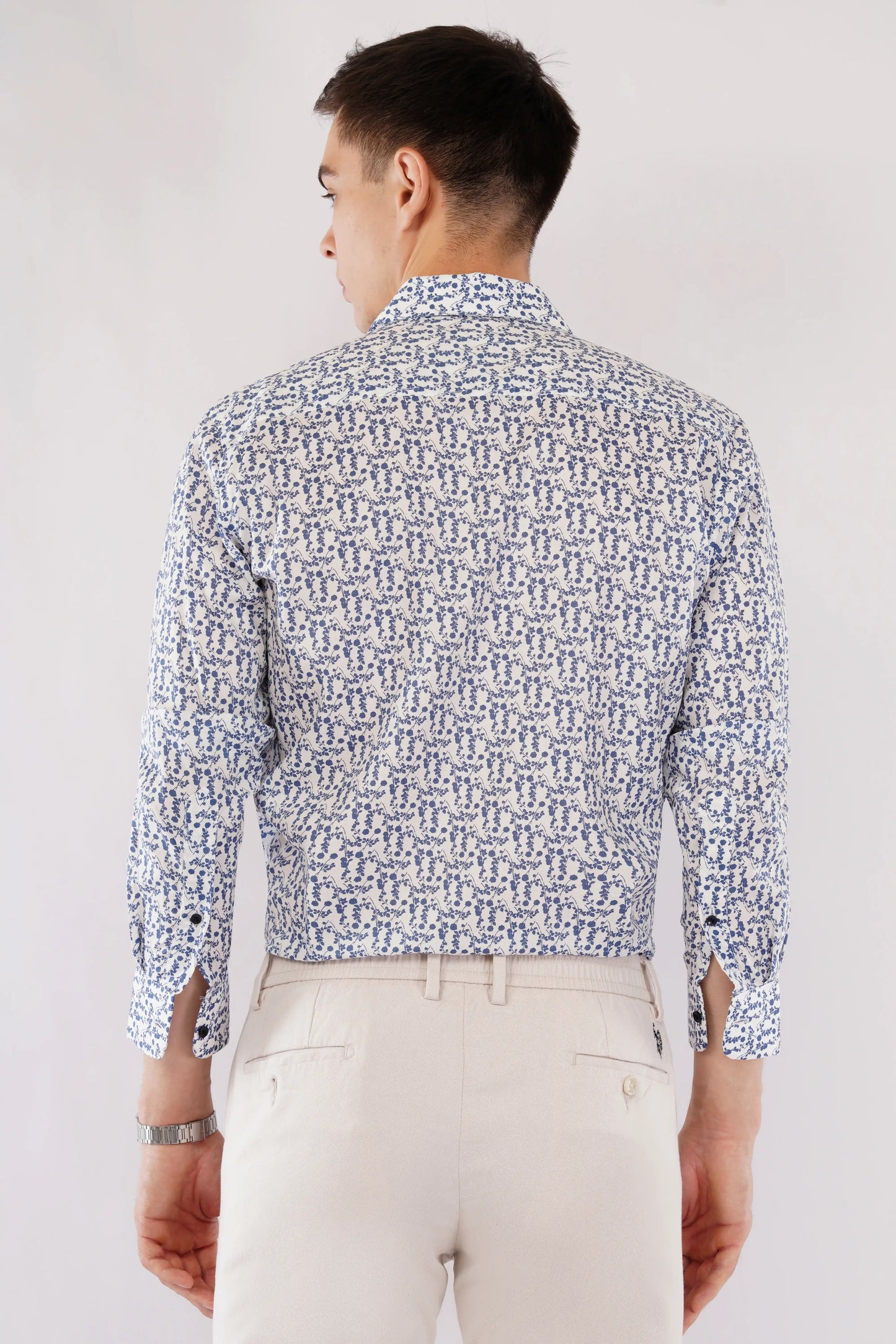 Blue poplin slim fit full sleeve printed shirt for men — Olevorr Raffo back view