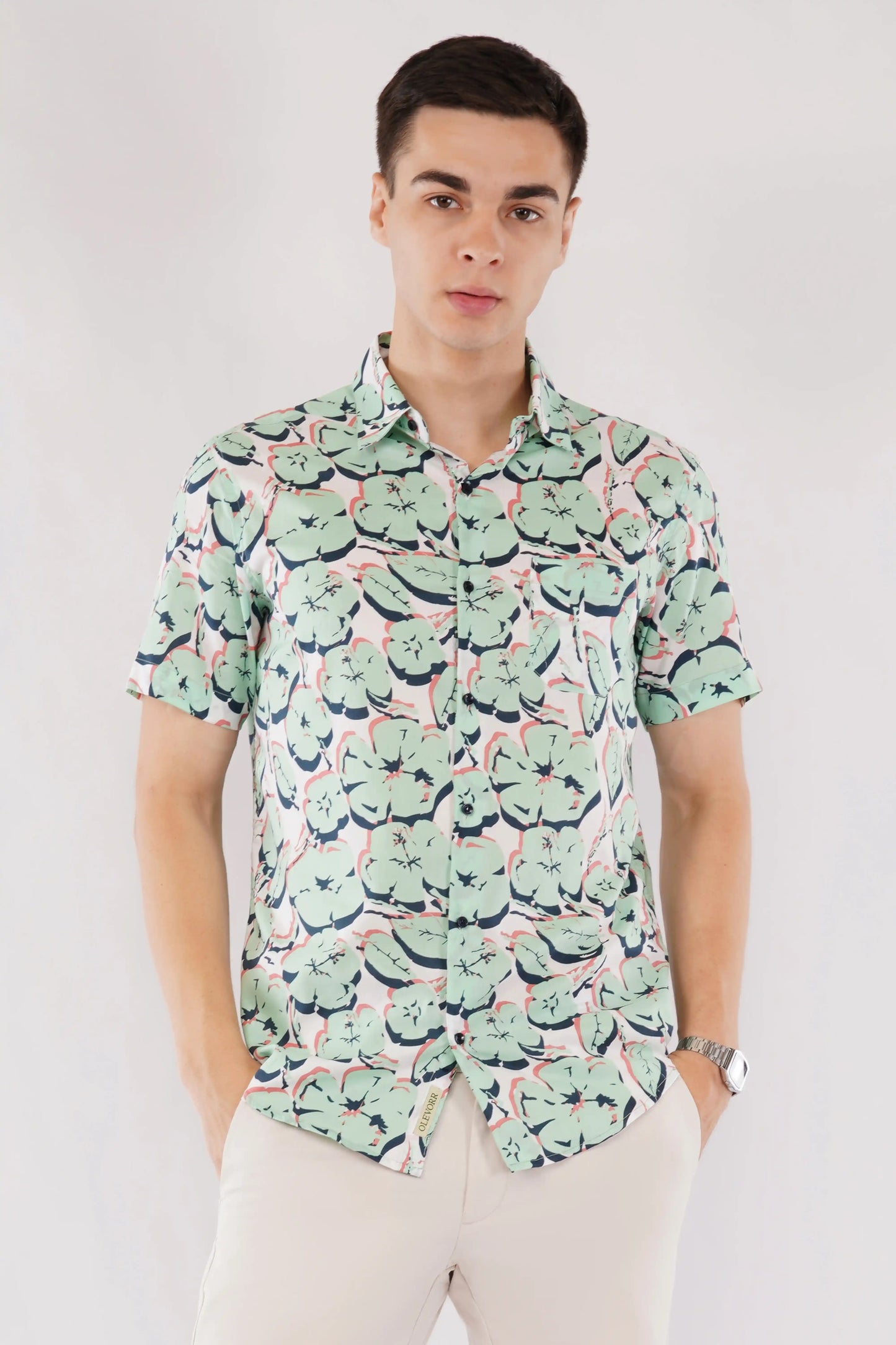 Olevorr Ellis slim fit green printed half sleeve shirt — front view