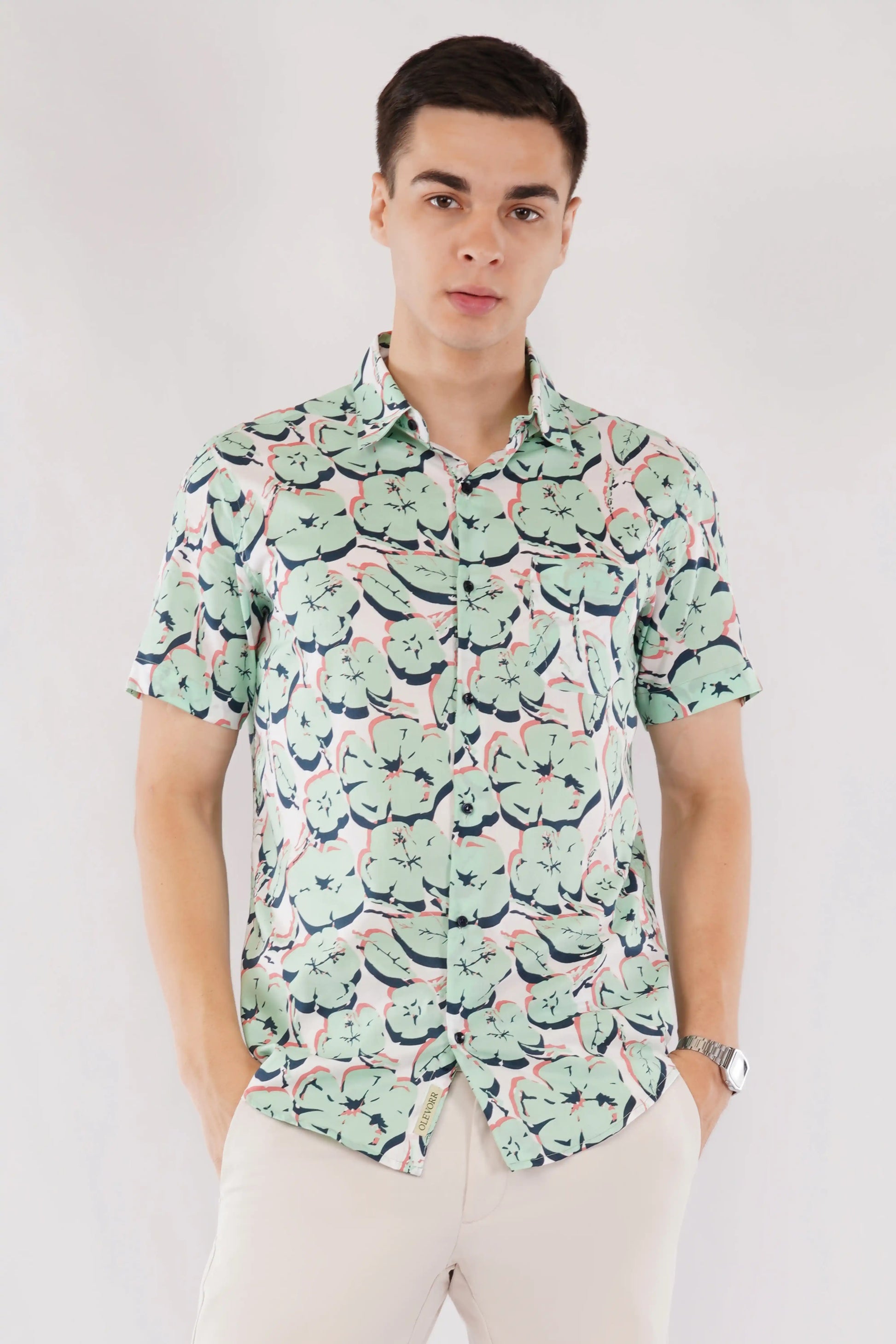 Olevorr Ellis slim fit green printed half sleeve shirt — front view