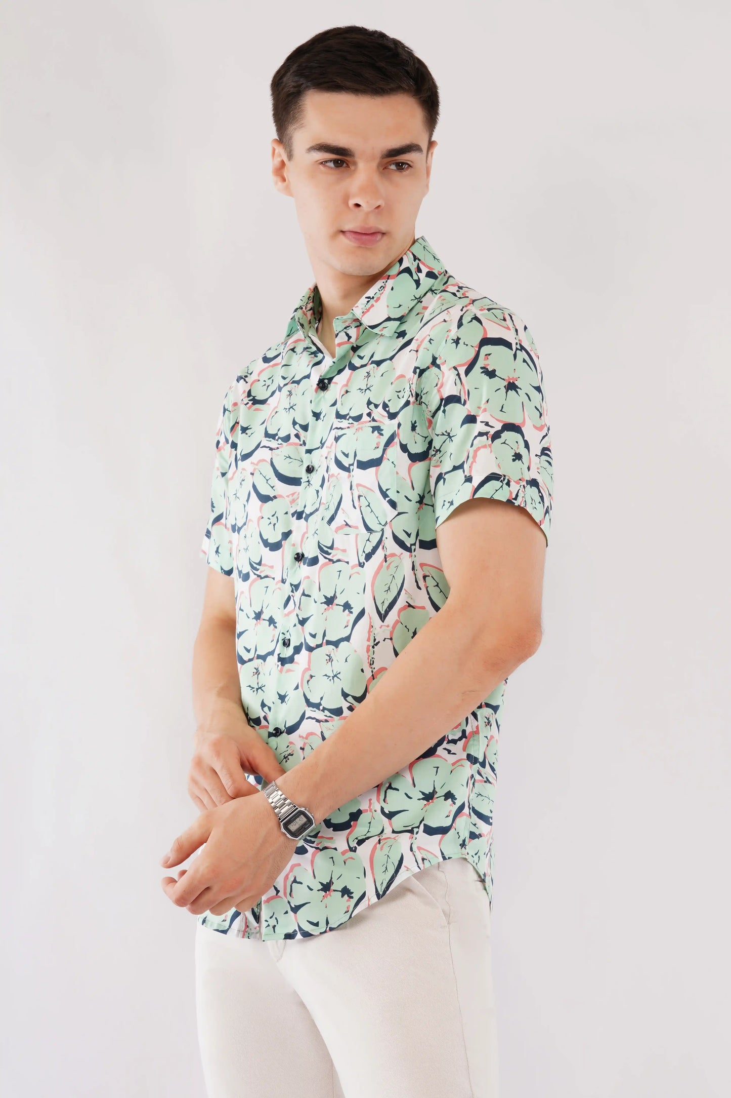 Olevorr Ellis stylish slim fit printed half sleeve shirt — left view