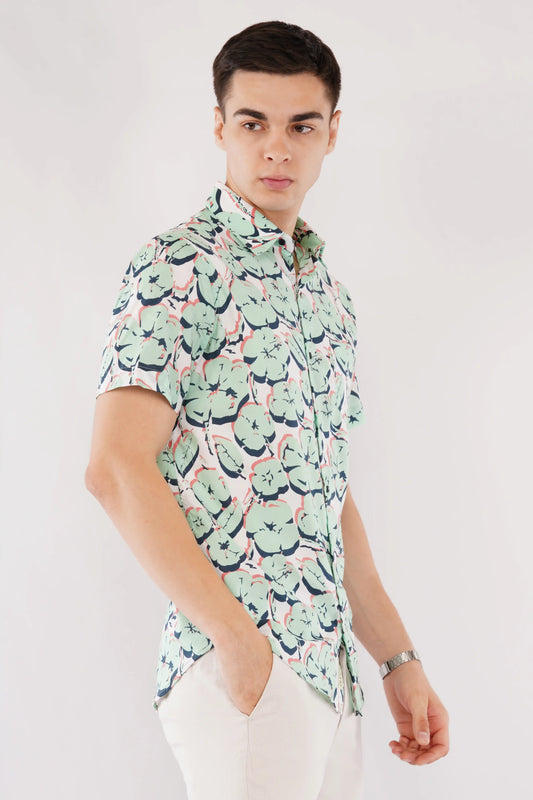Ellis green slim fit casual printed shirt for men — right side